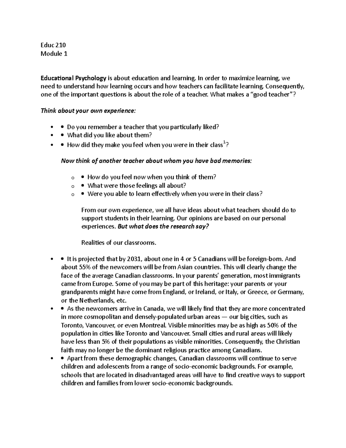 Module 1 lecture notes Educ 210Module 1 Educational Psychology need