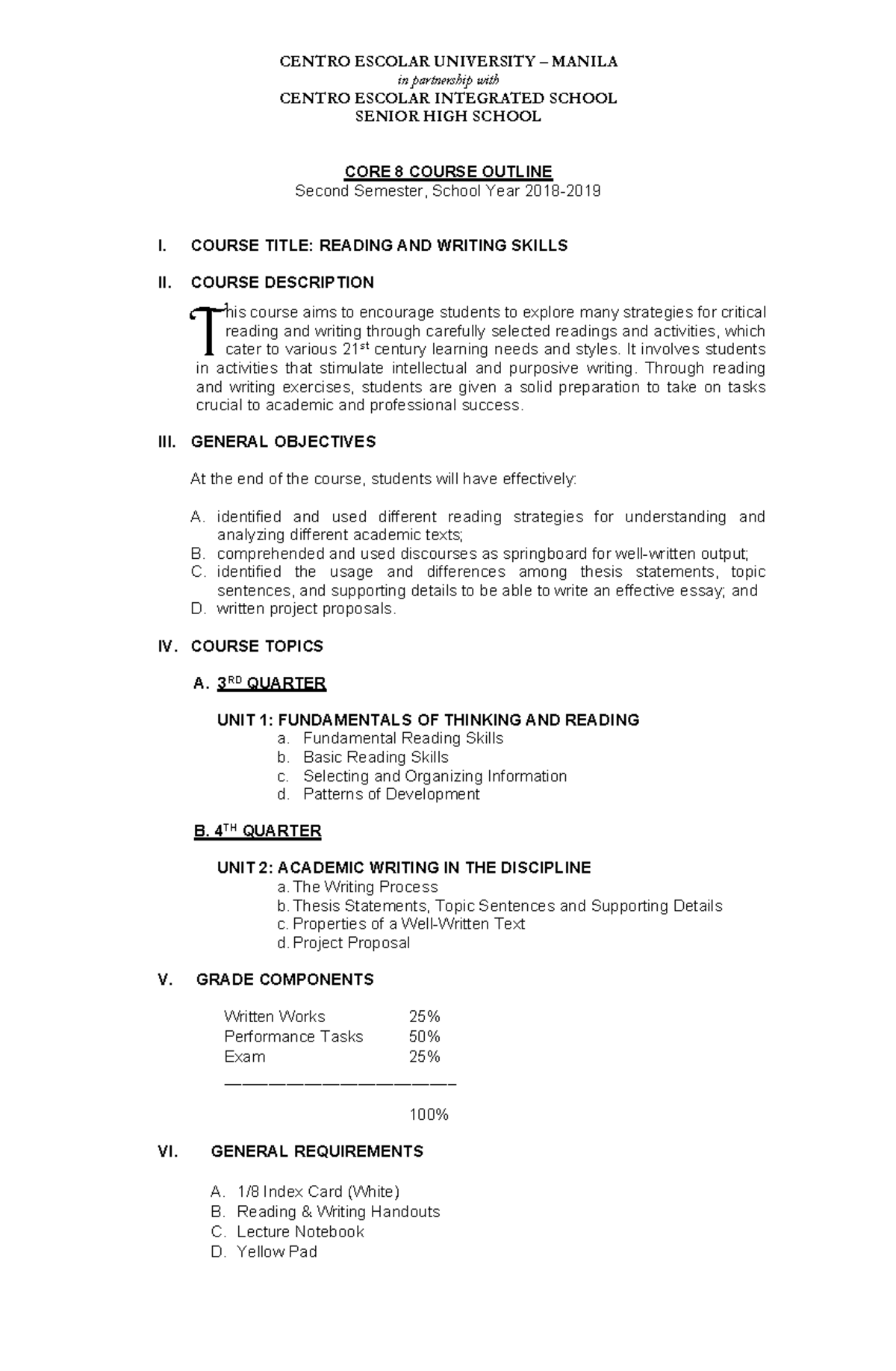 Course-outline - project of abmtm 1 in centro escolar univeristy ...