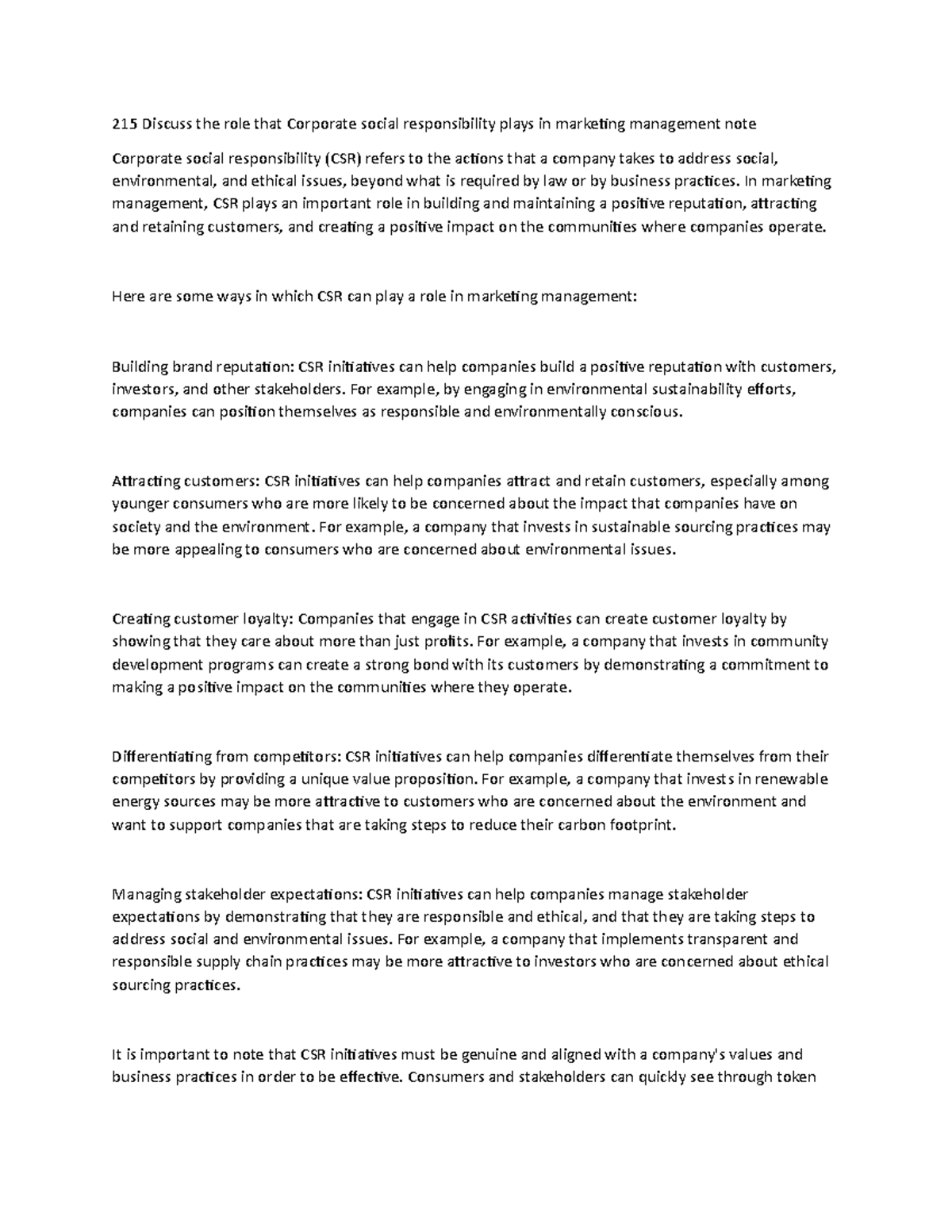 215 Discuss the role that Corporate social responsibility plays in ...