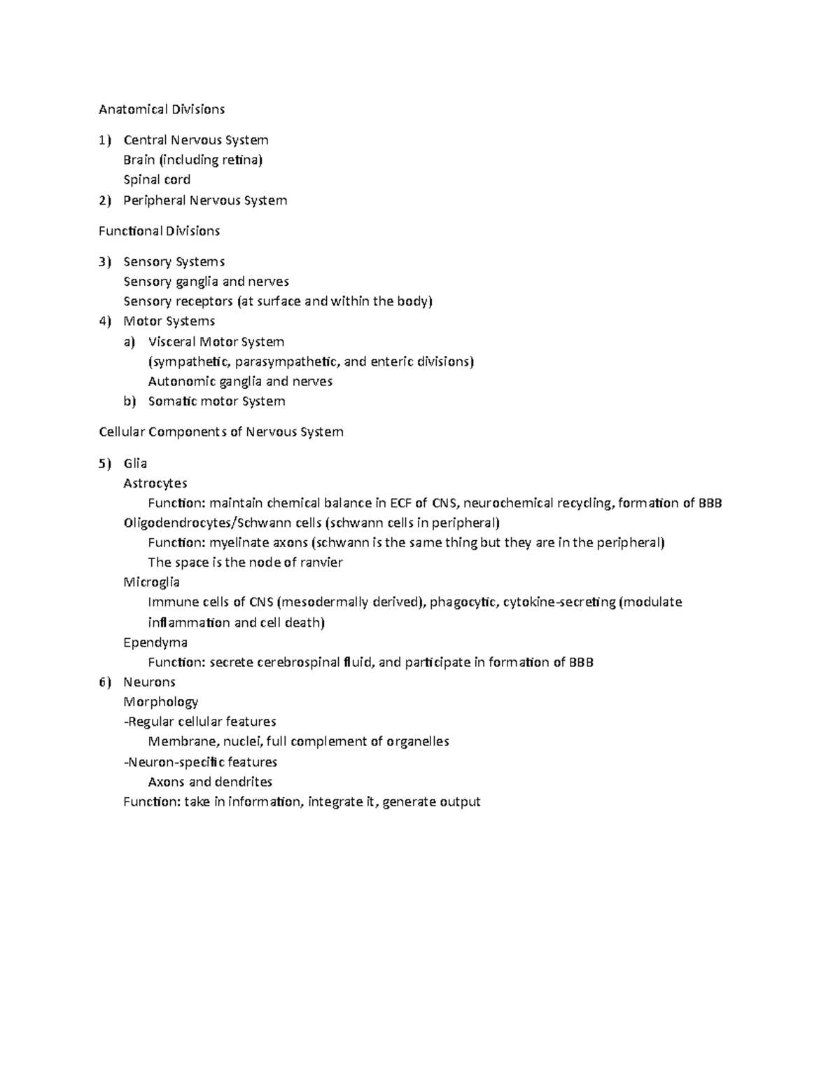 Neurobiology 1 - Lecture notes 1 - Anatomical Divisions 1) Central ...