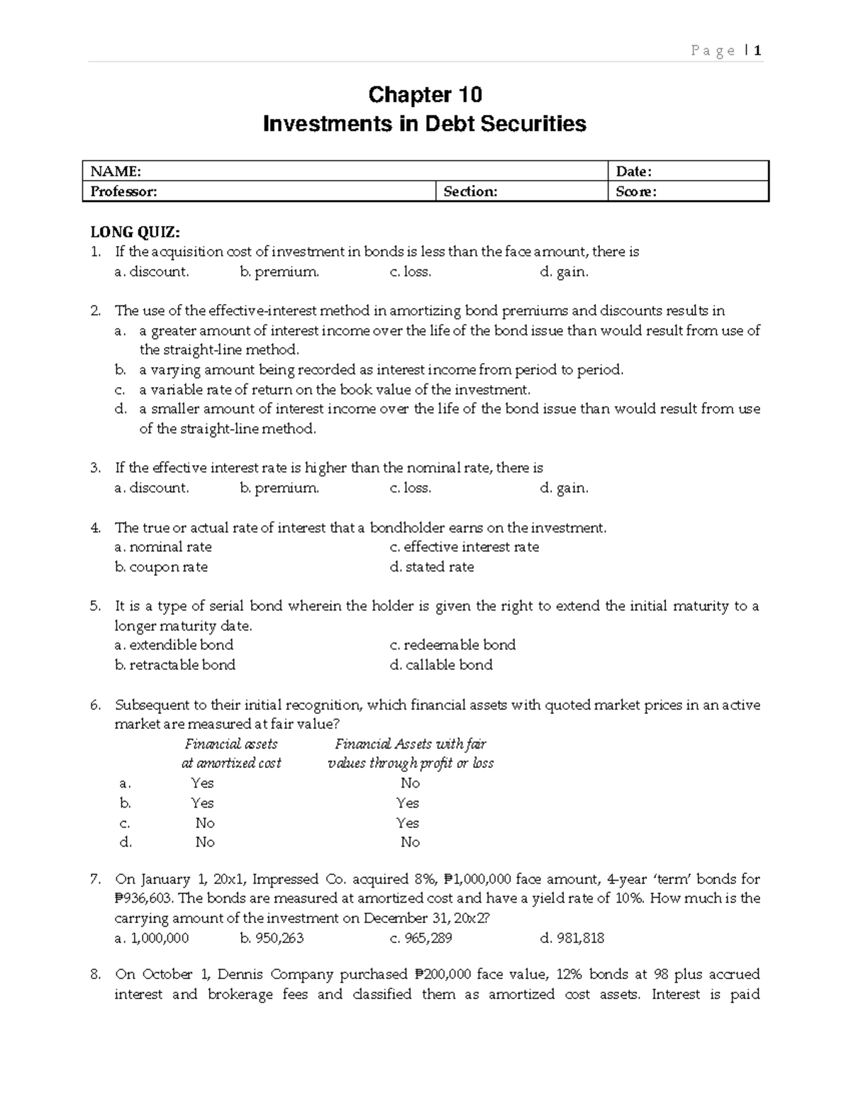 QUIZ Chapter 10 Investments IN DEBT Securities IA 1 2020 Edition - P A ...