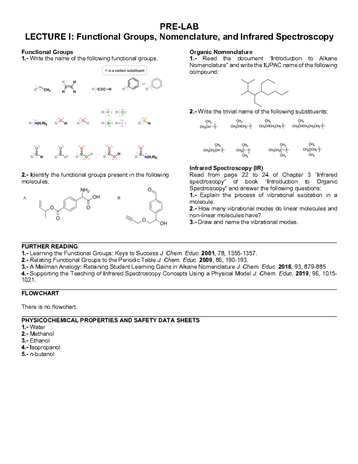 PRELAB Lecture 1 Functional Groups, Nomenclature and Infrared Spectroscopy PRELAB LECTURE I