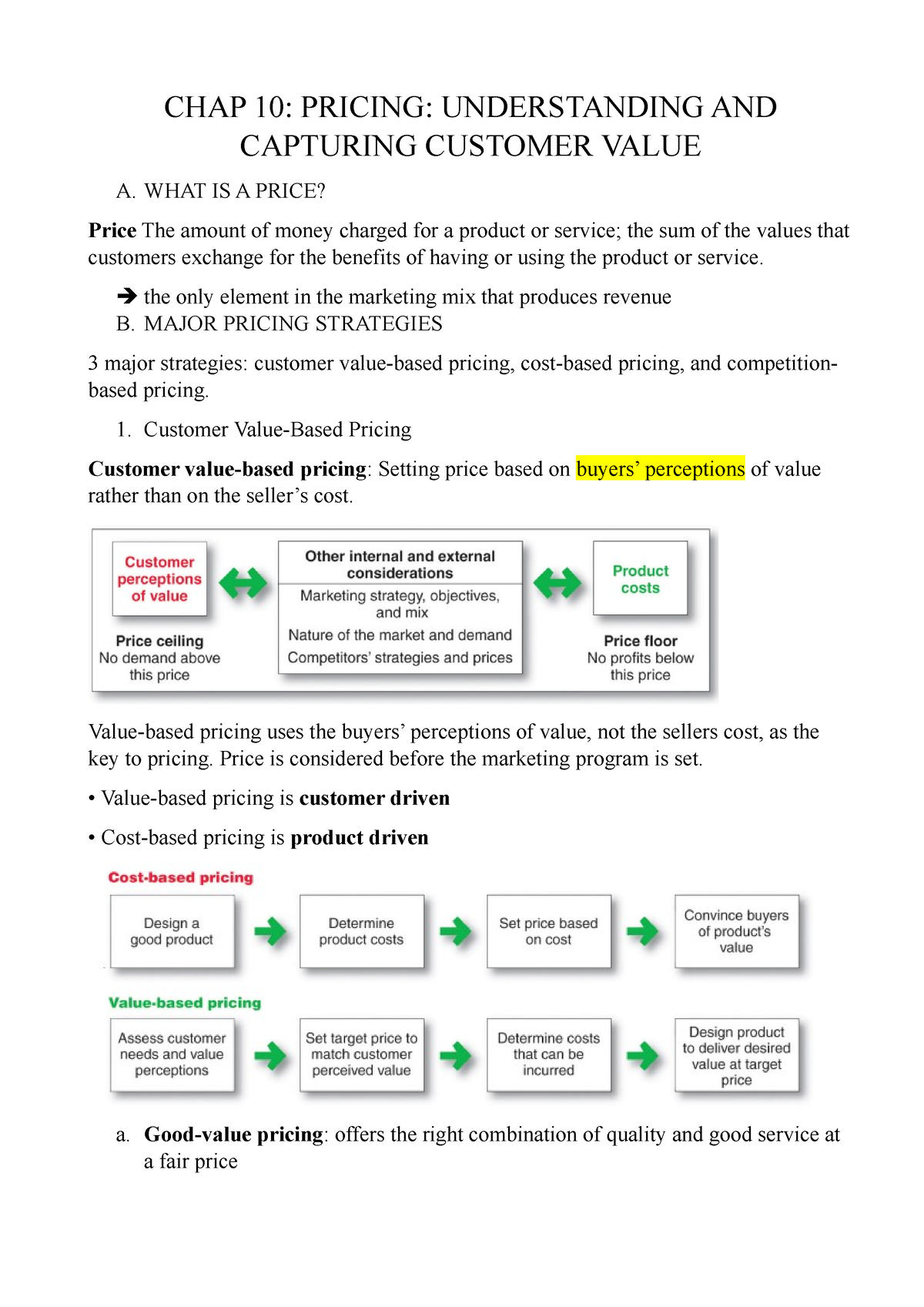 CHAP 10 - CHAP 10: PRICING: UNDERSTANDING AND CAPTURING CUSTOMER VALUE ...