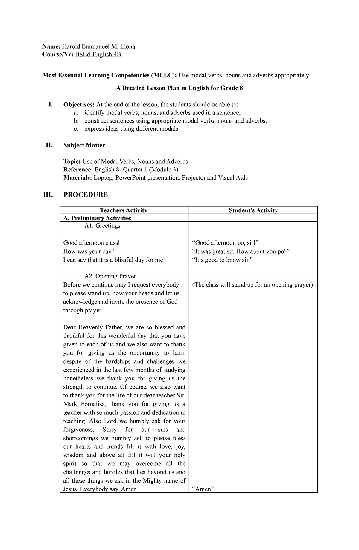 Detailed Lesson Plan For English 8 Use Of Modal Verb Noun And Adverbs 