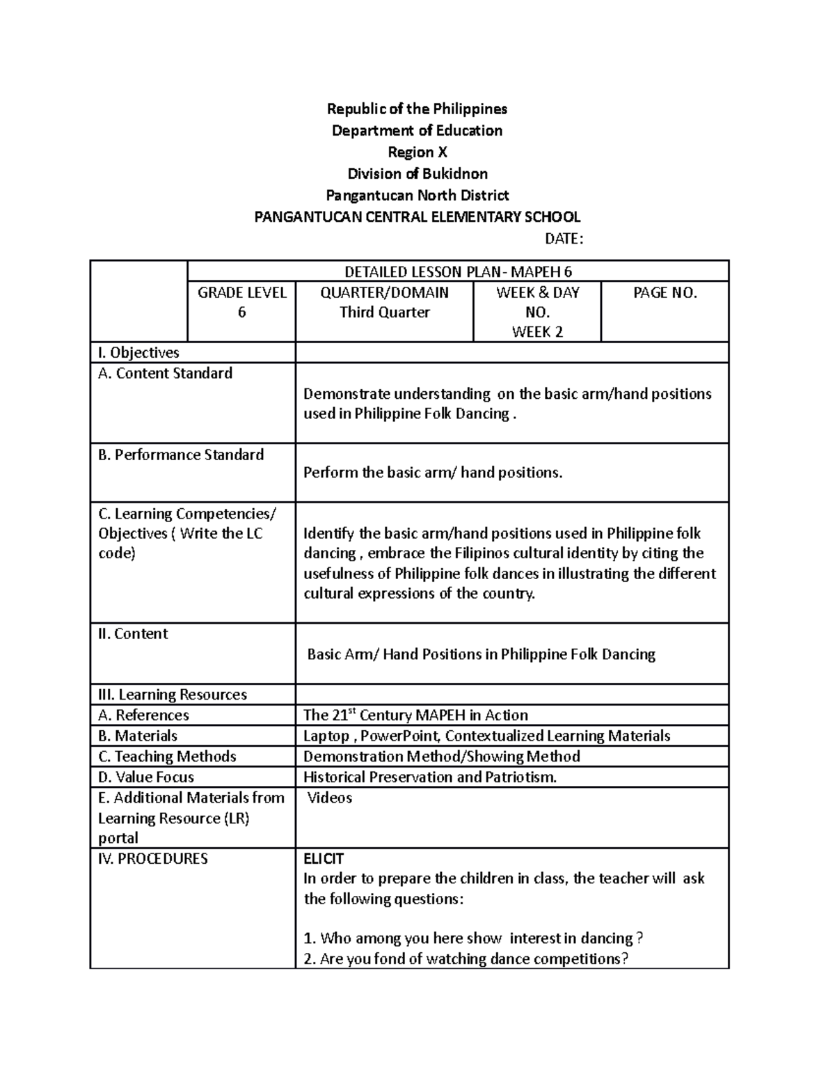 Mapeh 1st lesson plan with COT - Republic of the Philippines Department ...