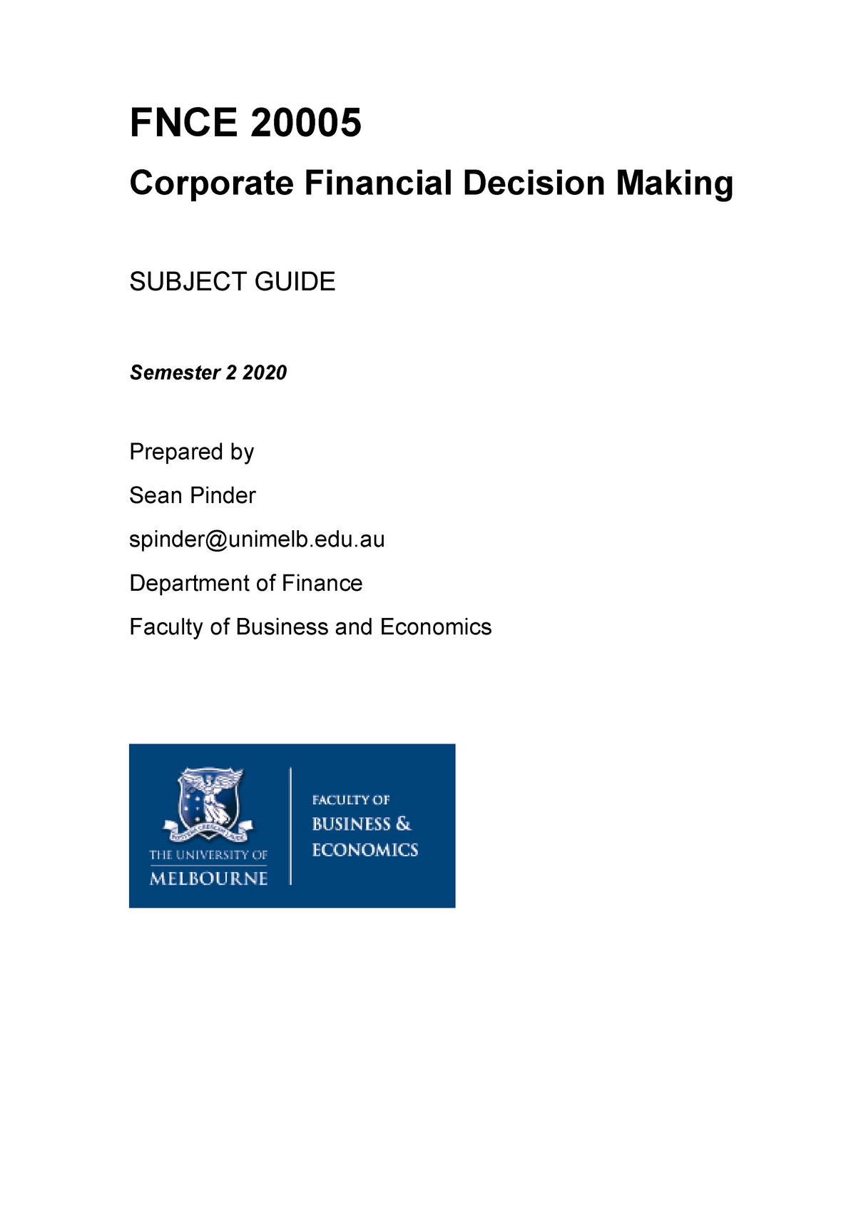 FNCE 2000 5 Subject outline 2020 FNCE 20005 Corporate Financial