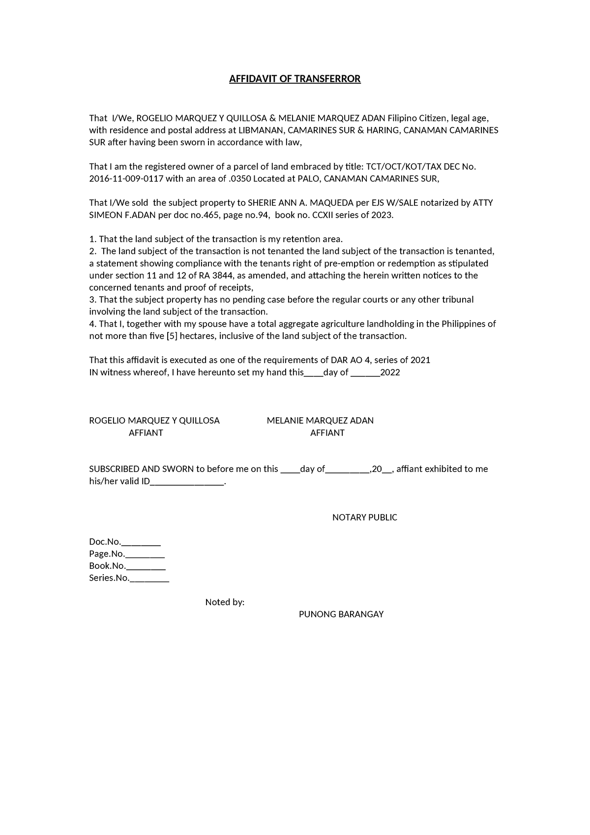 Affidavit OF Transferror - AFFIDAVIT OF TRANSFERROR That I/We, ROGELIO ...