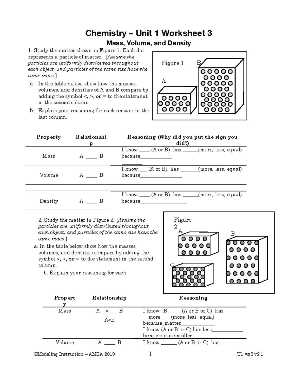 Gabriel Marin 231 Density Wks 3 Chemistry Unit 1 Worksheet 3 Mass, Volume, and Density 1
