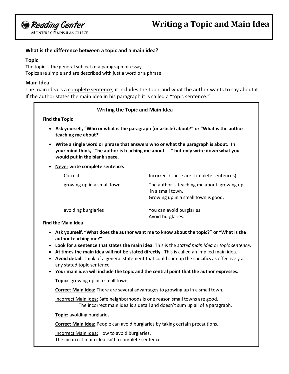 Topic Versus Main Idea Difference 2020 Writing A Topic And Main Idea 