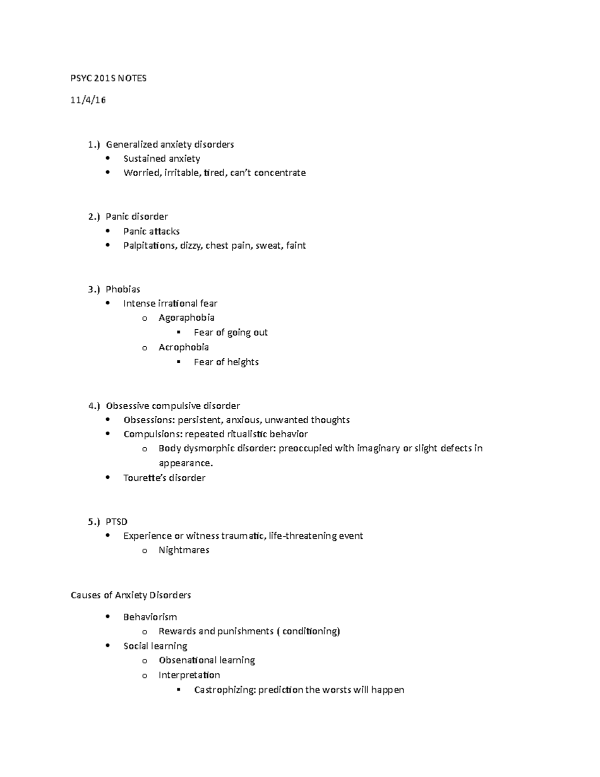 PSYC 201 S Notes 11-4 - Generalized anxiety disorders, panic disorder ...