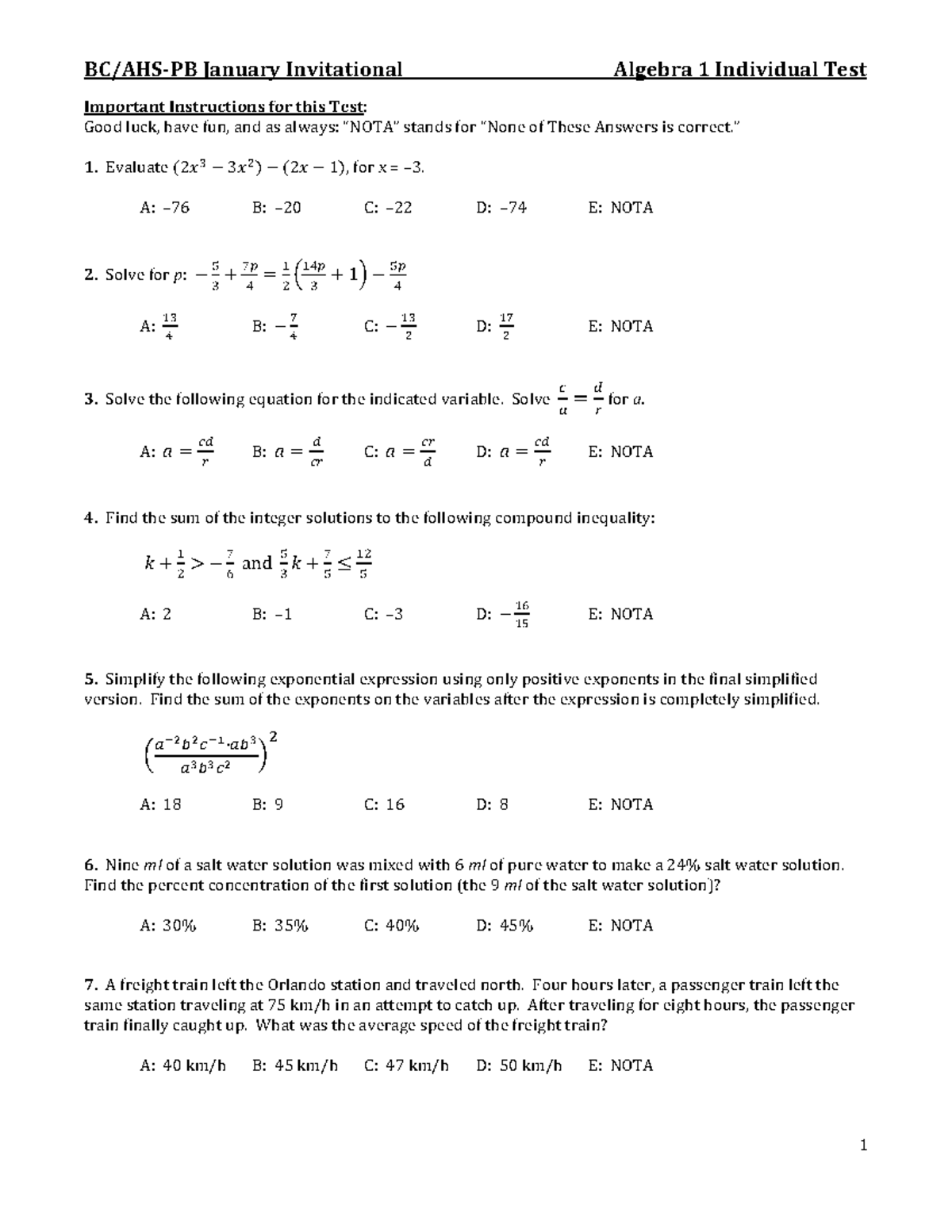 Algebra 1 Benchmark Test - Important Instructions for this Test: Good ...