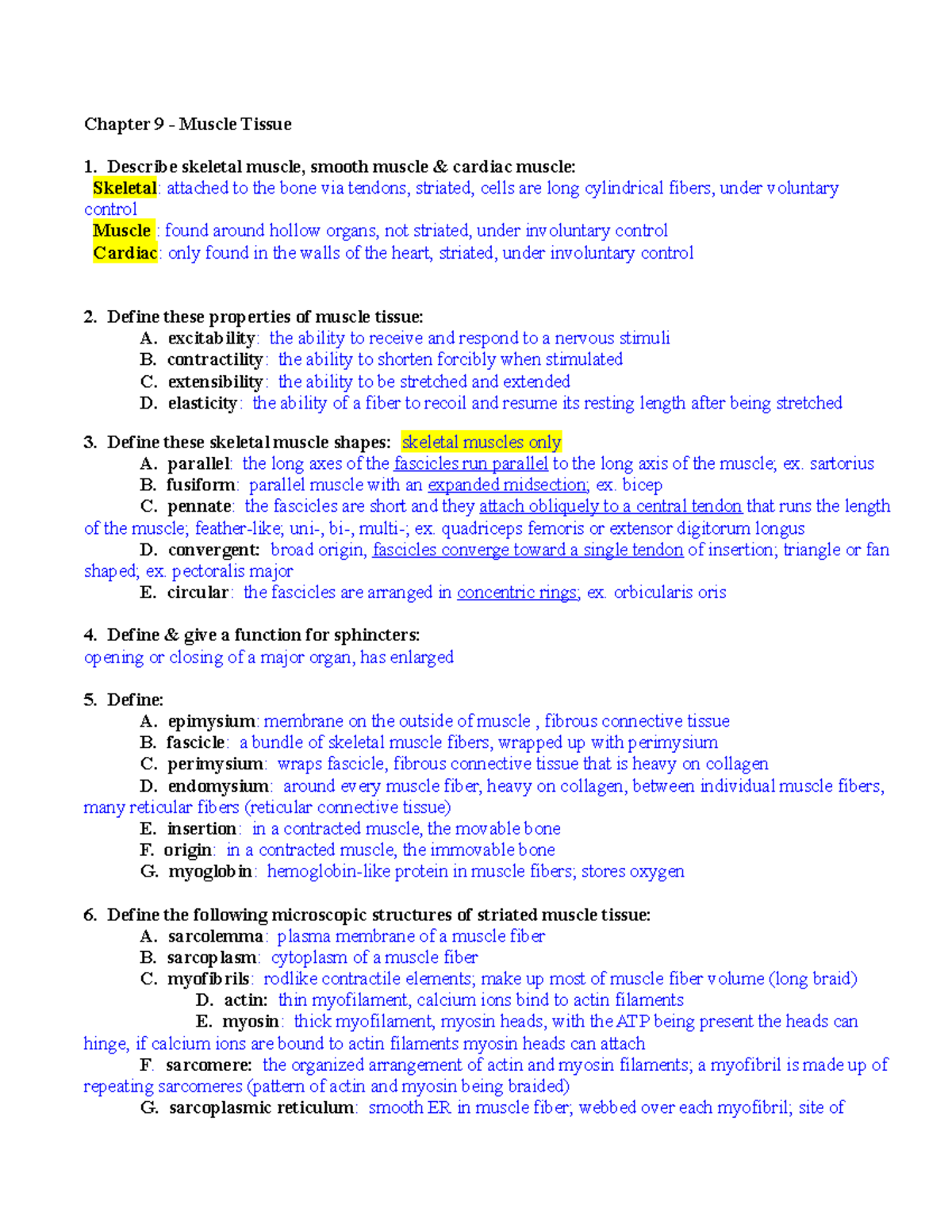 Chapter 9 student notes - Chapter 9 - Muscle Tissue Describe skeletal ...