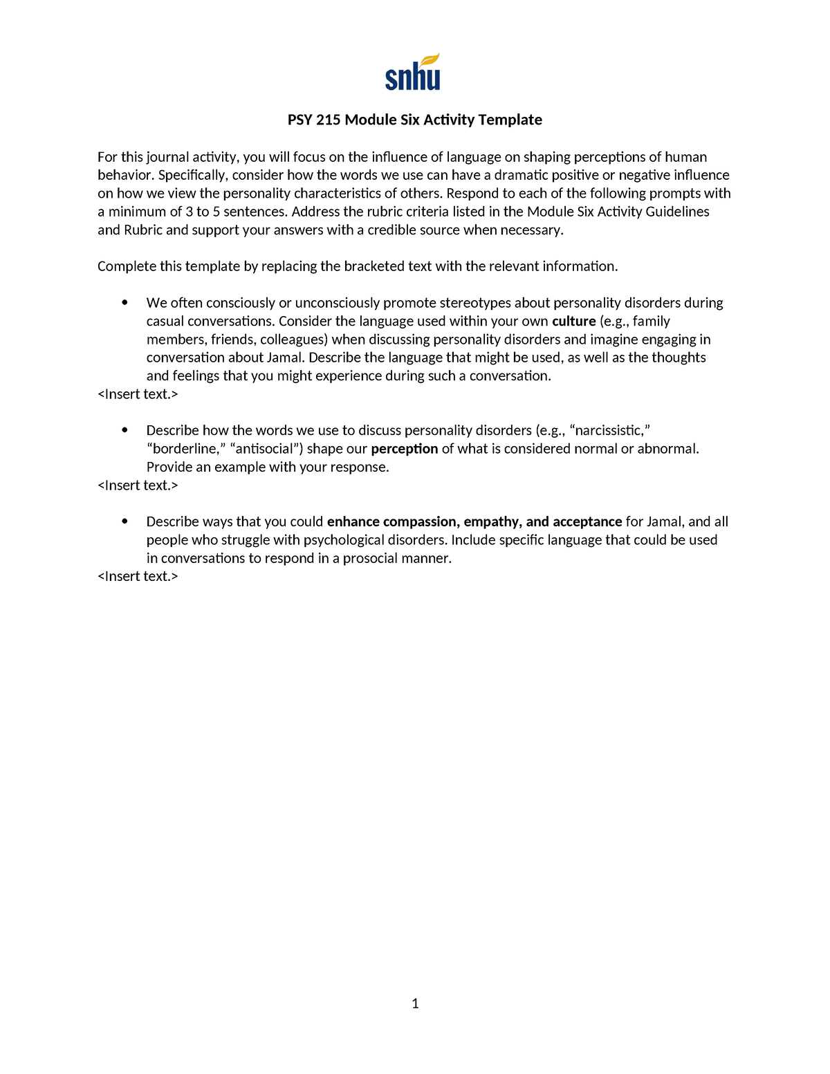 PSY 215 Module Six Activity Template PSY 215 Module Six Activity