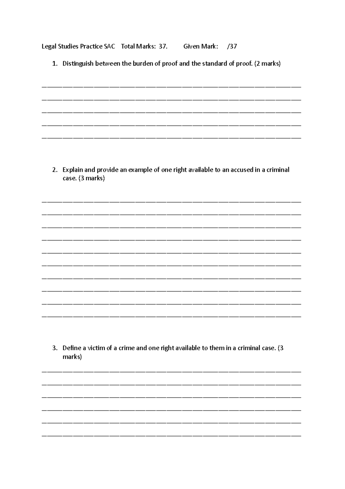 Legal Studies Practice SAC - Given Mark: / Distinguish between the ...