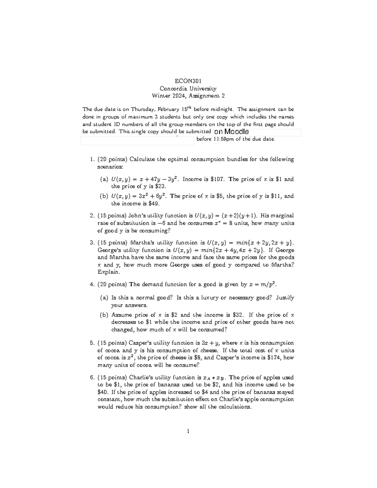 ECON301 Assignment 2 - ECON Concordia University Winter 2024 ...