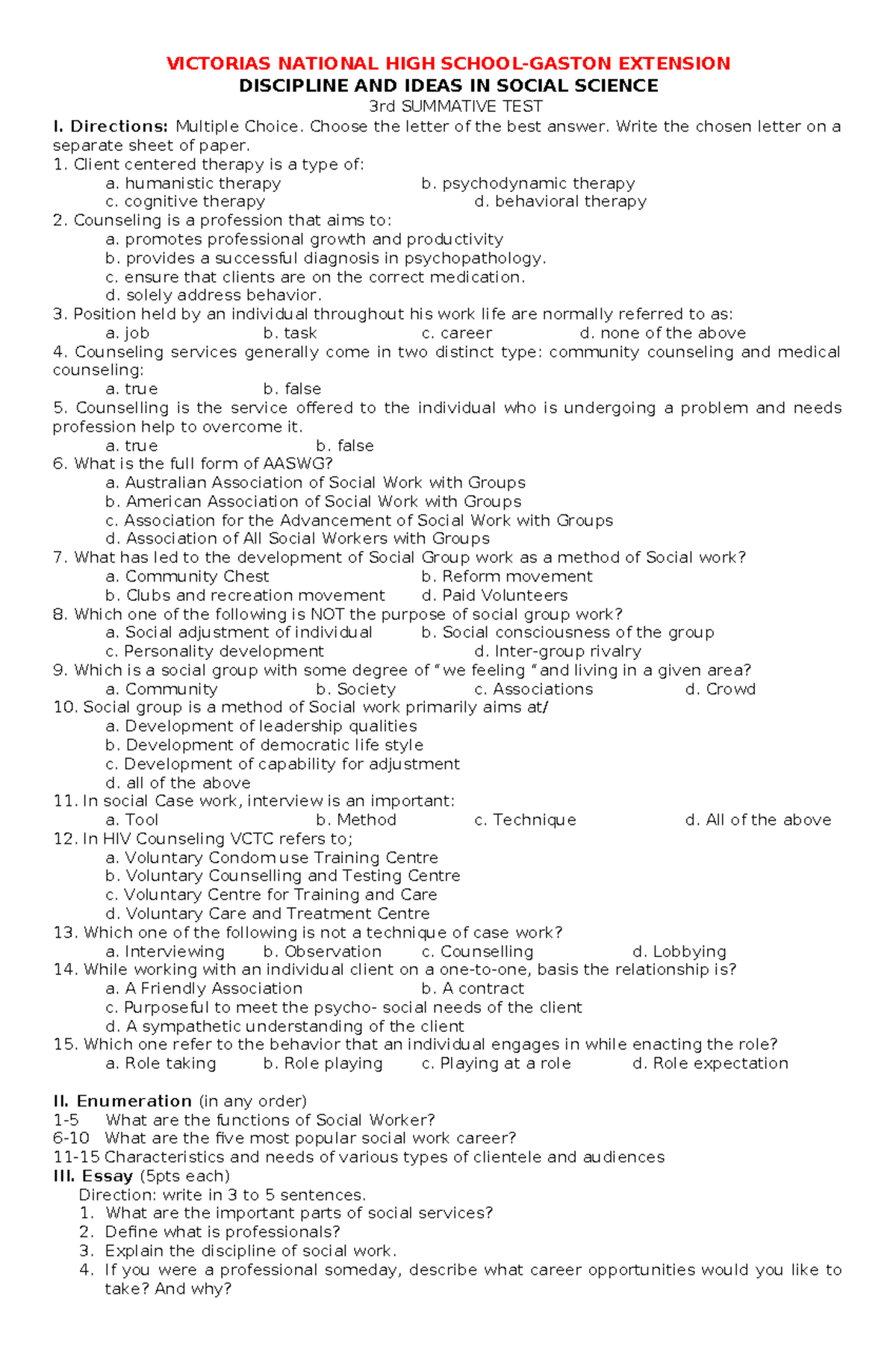 Discipline AND Ideas IN Social Science 3rd Summative test - VICTORIAS ...