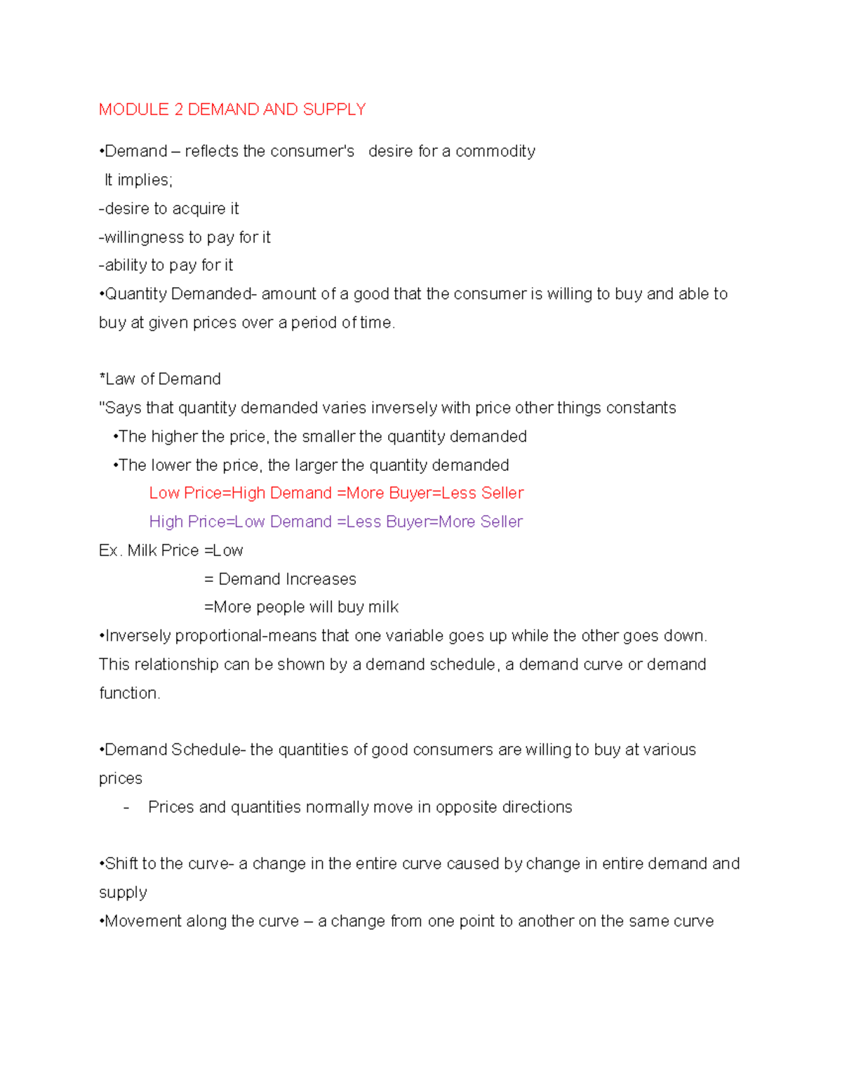 Module 2 Demand AND Supply - MODULE 2 DEMAND AND SUPPLY •Demand ...