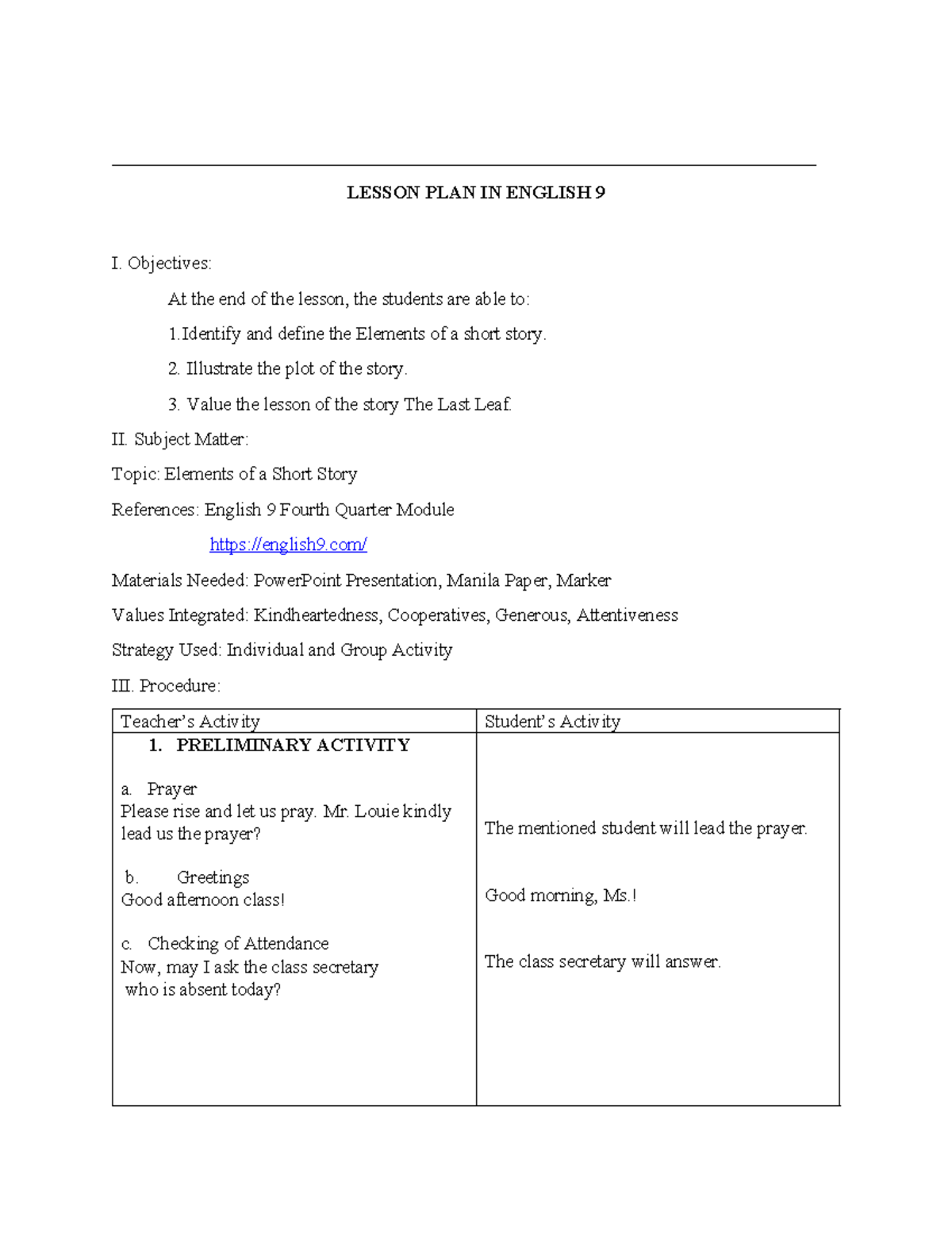 Elements of a Story-FI - DLP majoring - LESSON PLAN IN ENGLISH 9 I ...