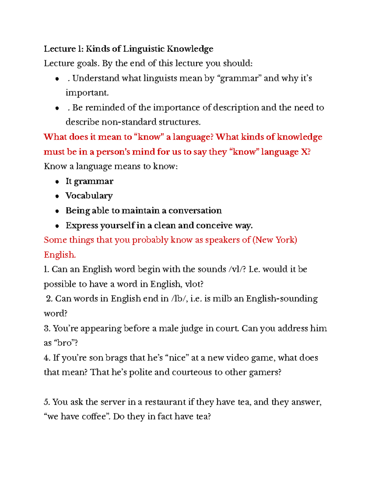 Exam 1 Study guide - Lecture 1: Kinds of Linguistic Knowledge Lecture ...