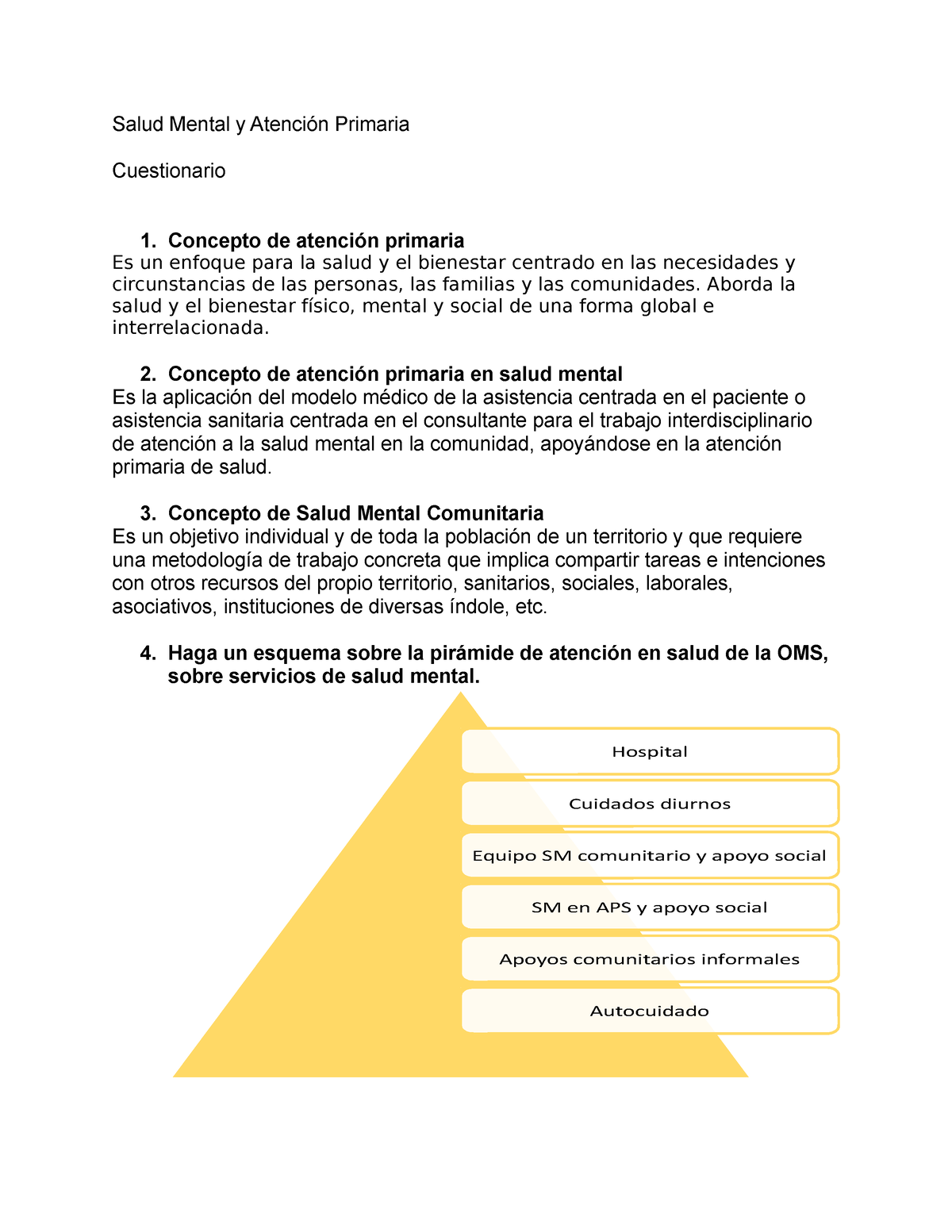 SALUD Y CONDUCTA HUMANA - Salud Mental y Atención Primaria Cuestionario 1.  Concepto de atención - Studocu