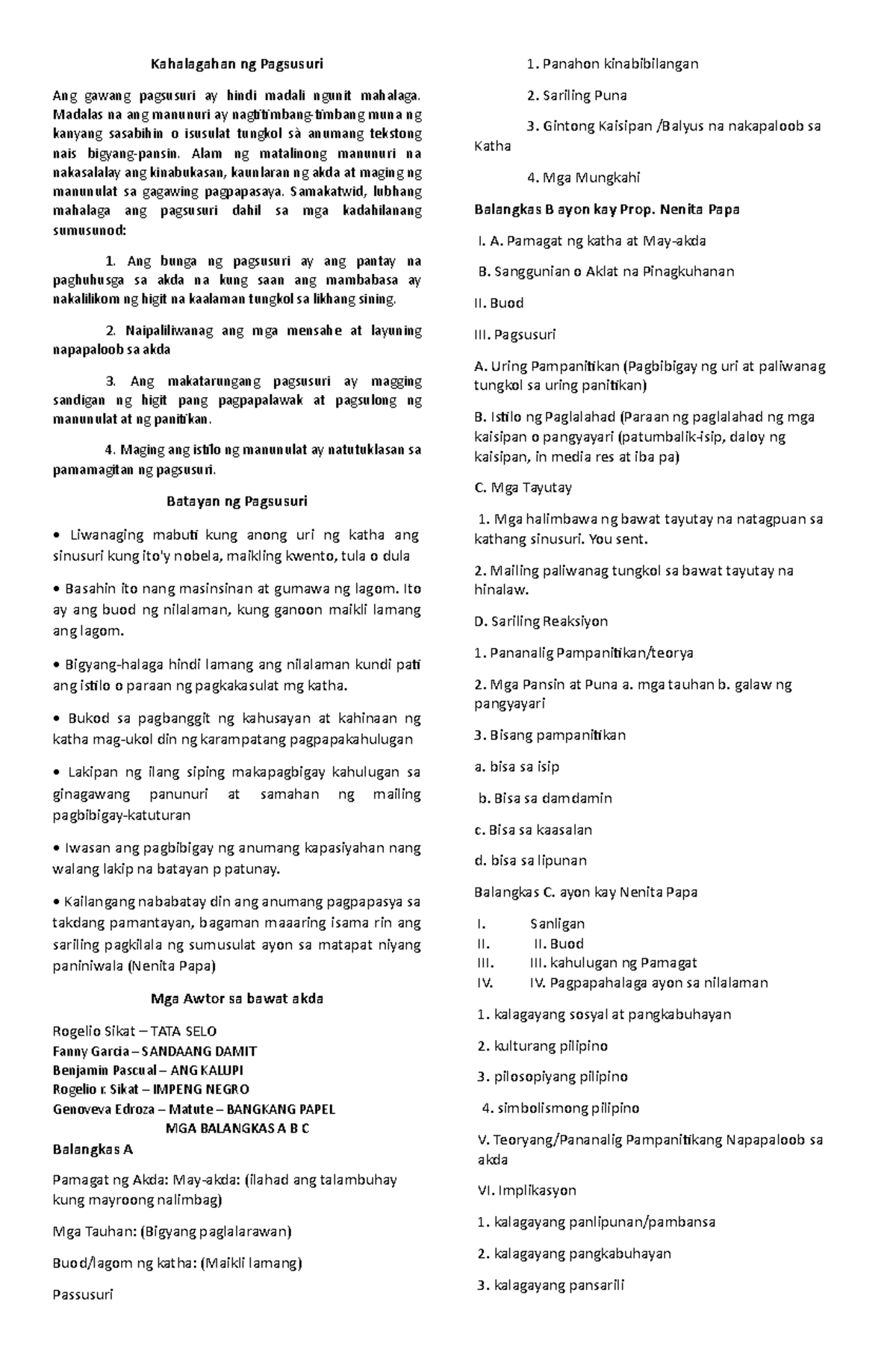 FIL-REV - Notes - Kahalagahan ng Pagsusuri Ang gawang pagsusuri ay ...
