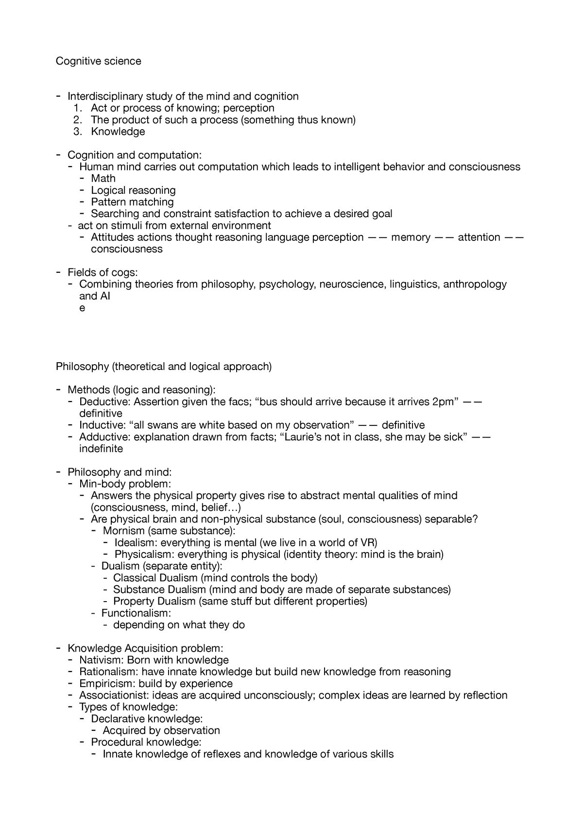 Cogs Week 1-3 - Notes - Cognitive Science - Interdisciplinary Study Of 