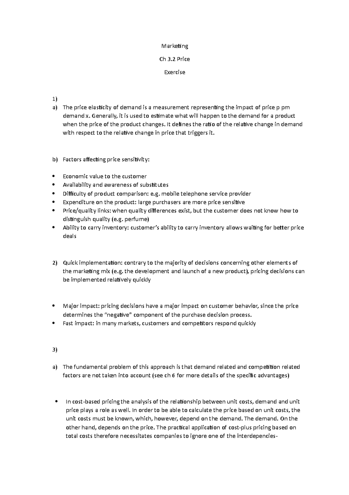 Marketing ch 3.2 exercise Price - Marketing Ch 3 Price Exercise 1) a ...