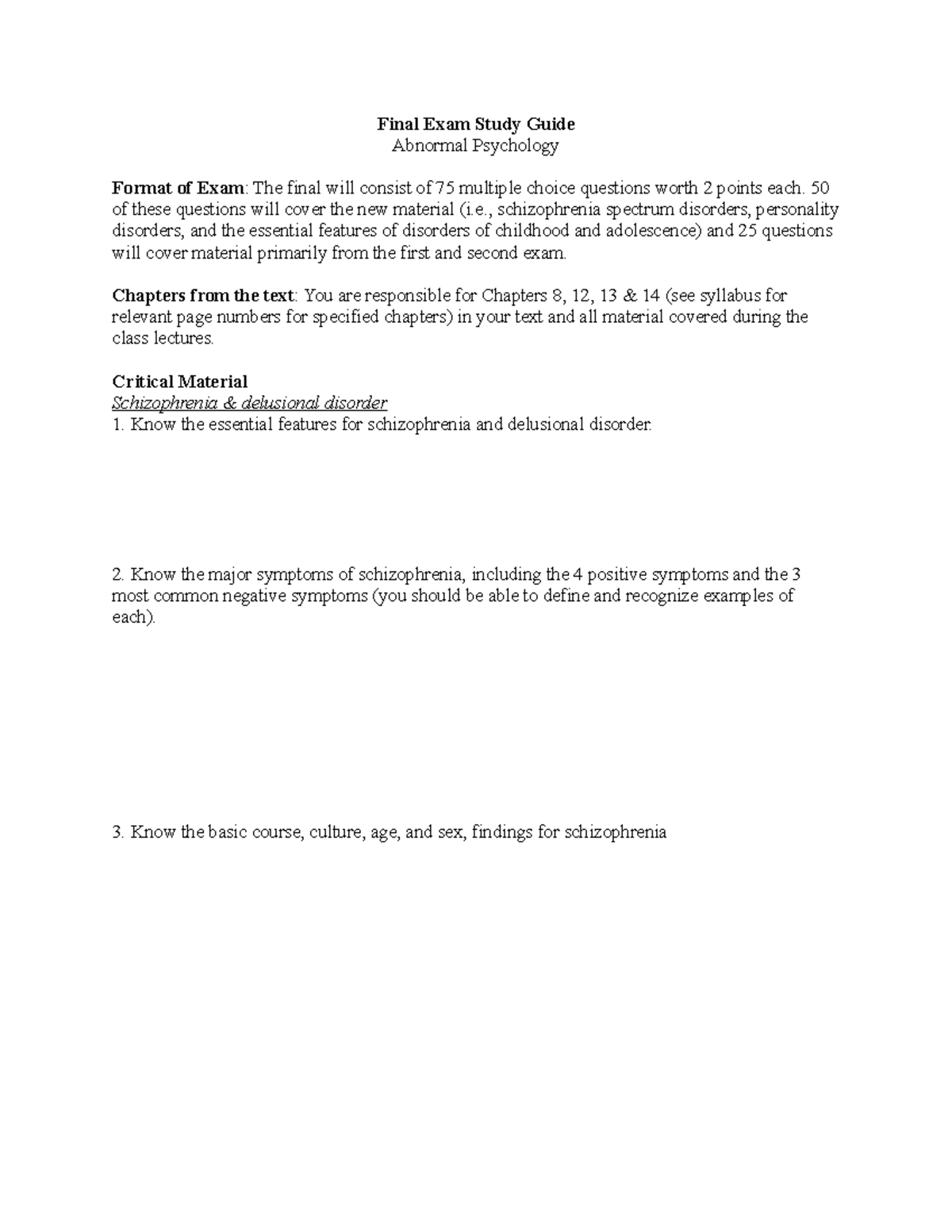 Abnormal Final Study Guide - Final Exam Study Guide Abnormal Psychology ...