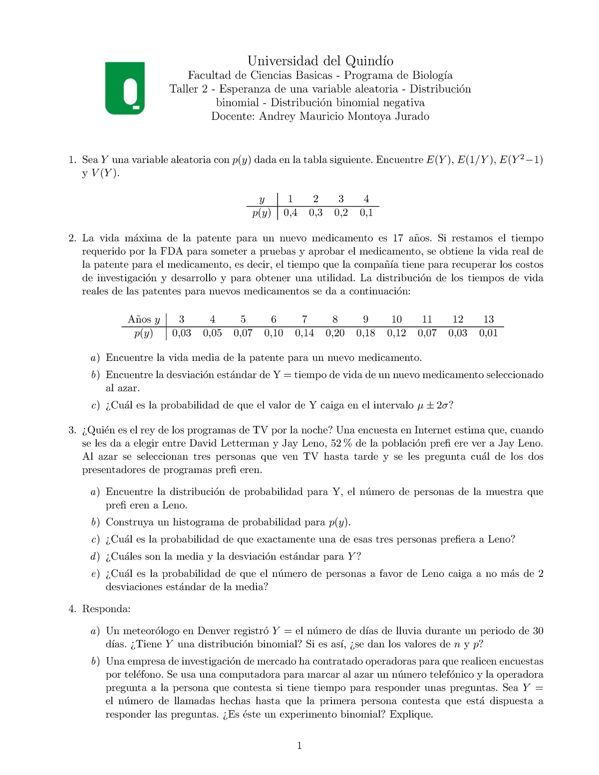 Binomial Y Binomial Negativa Universidad Del Quind O Facultad De Ciencias Basicas Programa