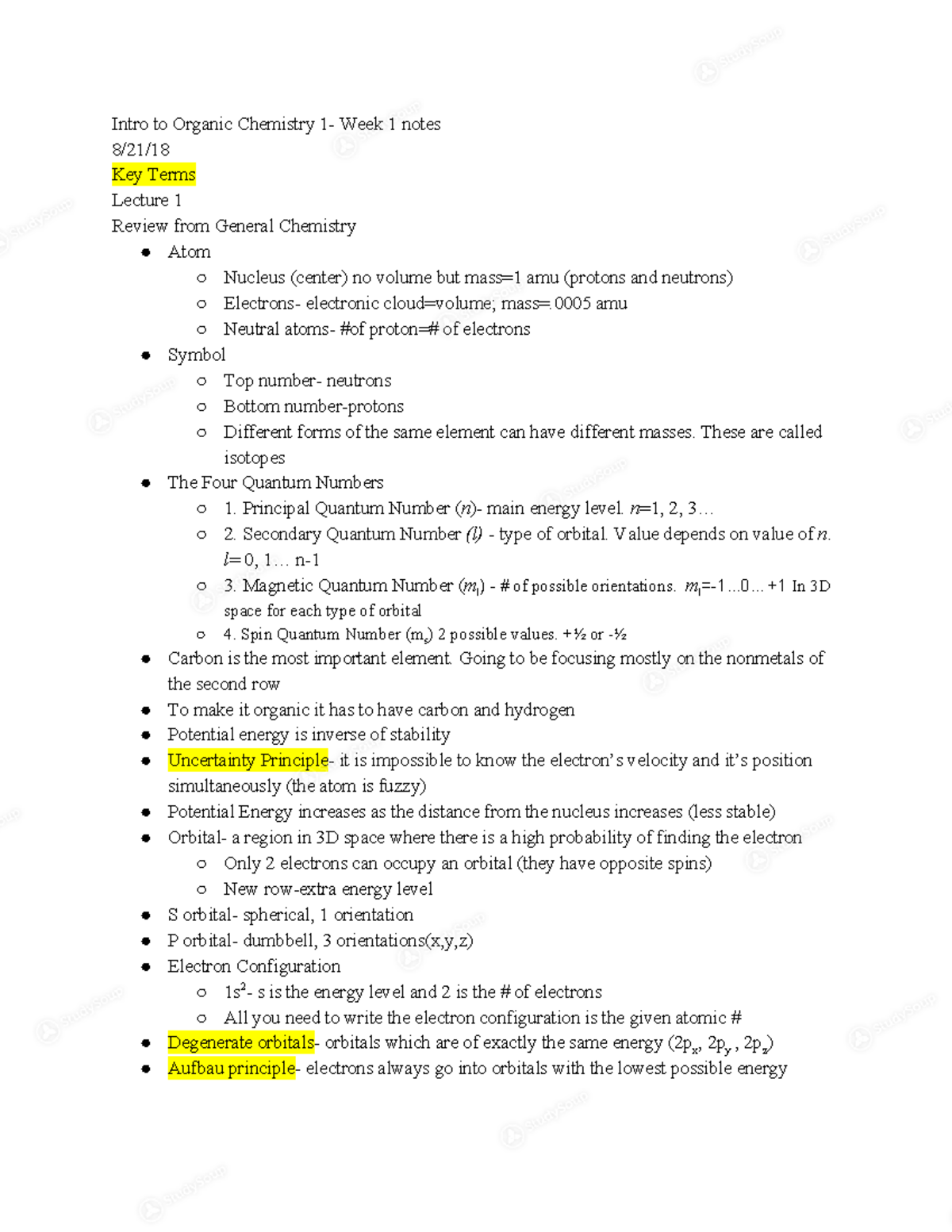 Week 1 ochemistry - Intro to Organic Chemistry Week 1 notes Key Terms ...
