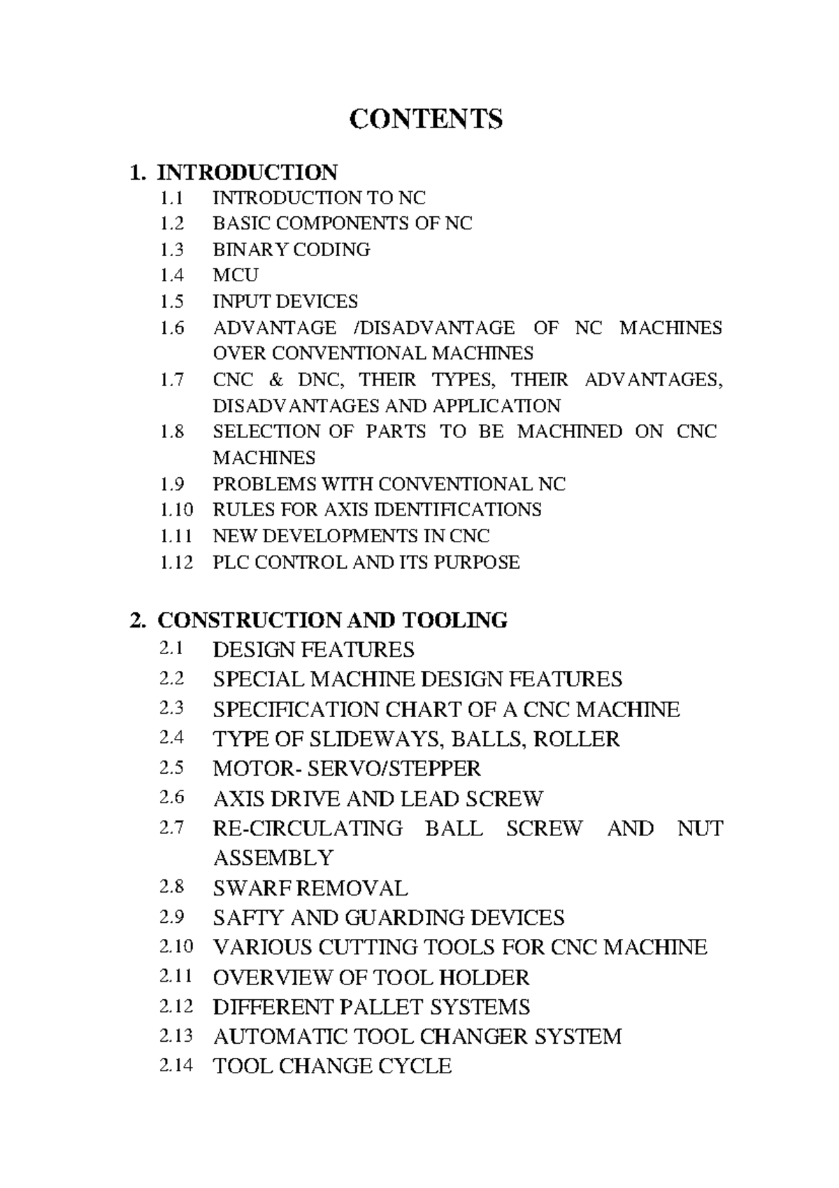 CNC Machines AND Automation - CONTENTS 1. INTRODUCTION 1 INTRODUCTION ...