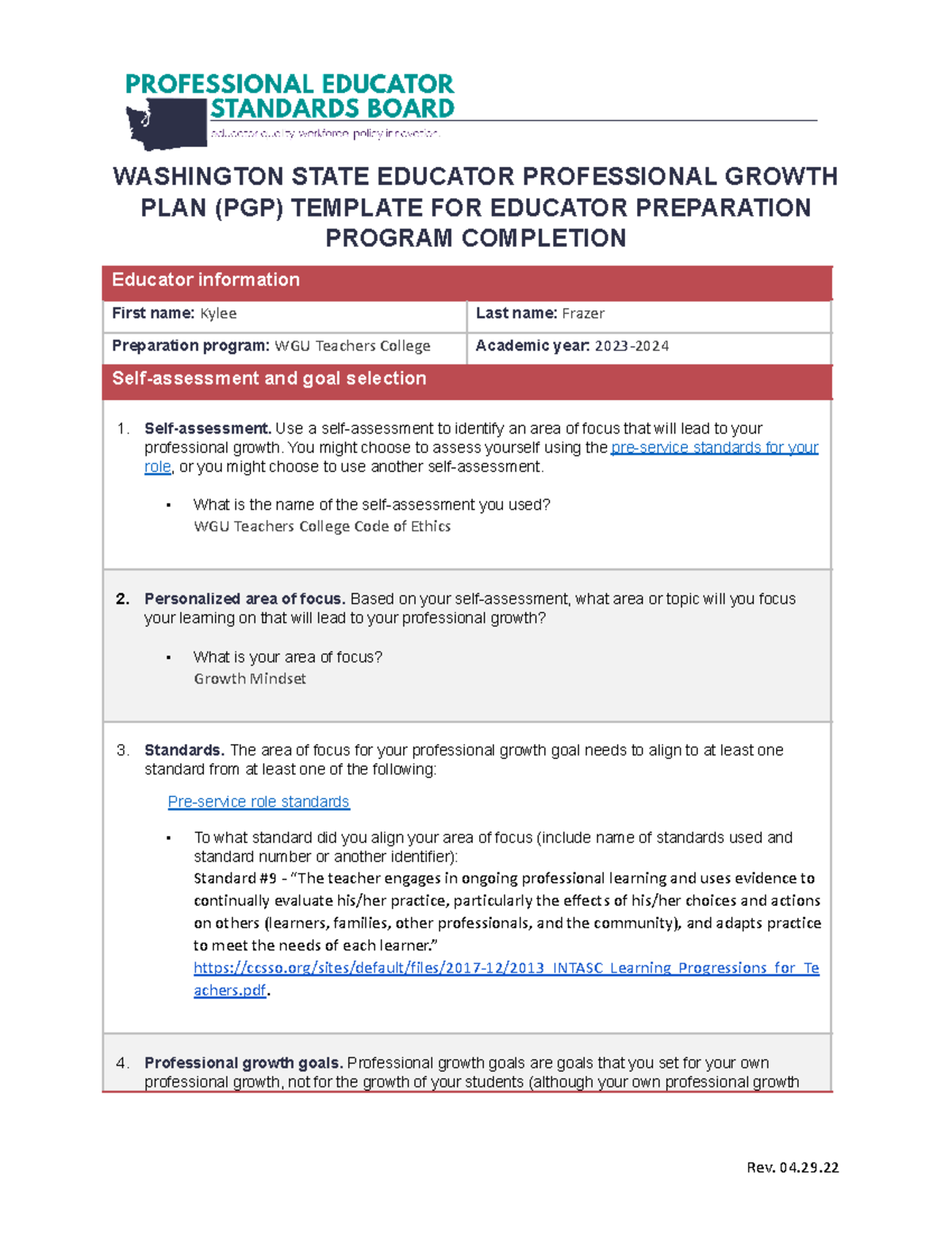 PGP Template - Cohort Seminar Task 2 - WASHINGTON STATE EDUCATOR ...