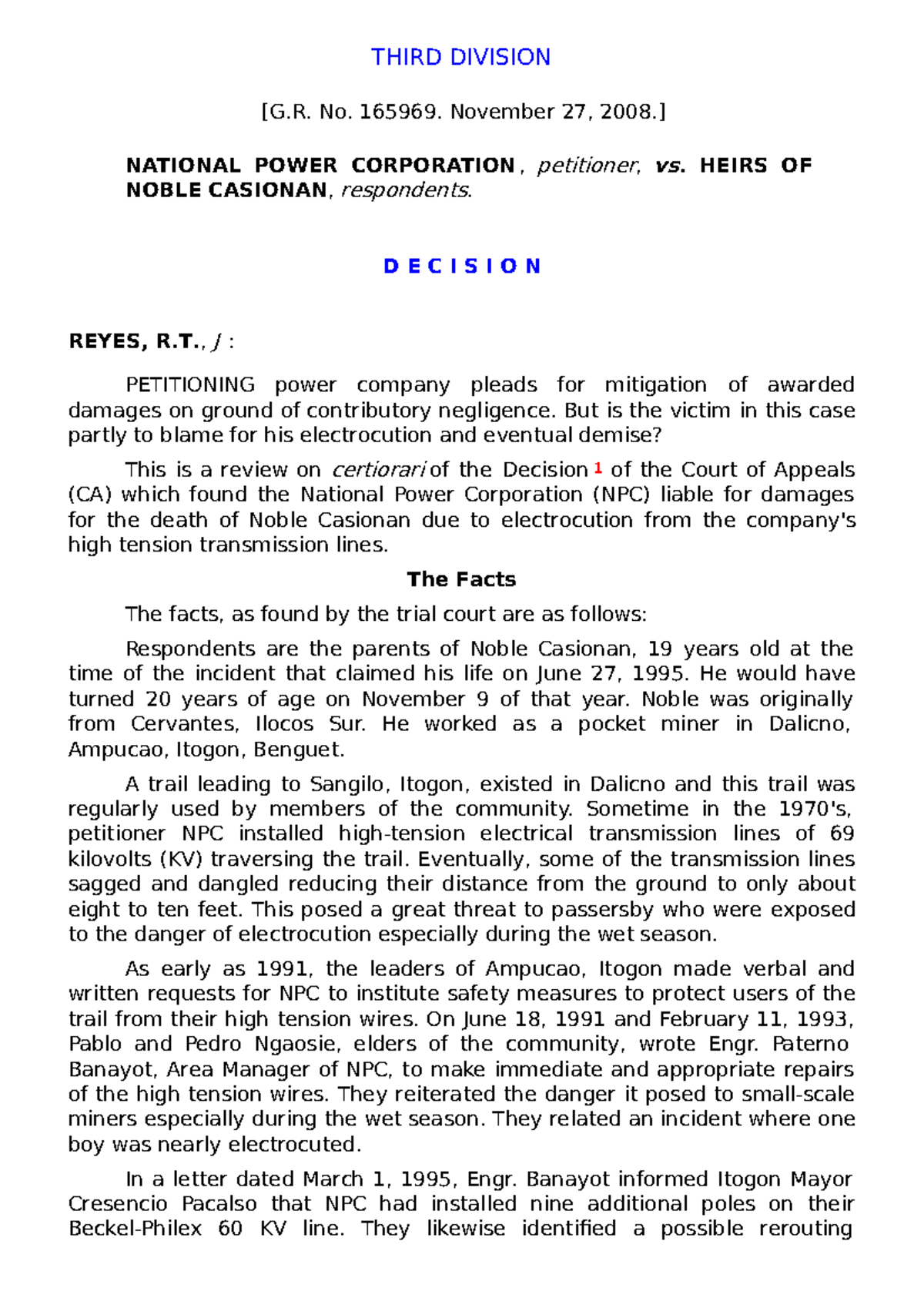 National Power Corp. v. Heirs of Casionan THIRD DIVISION [G. No