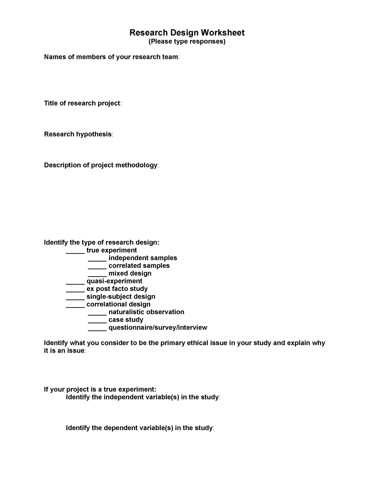 identifying research design worksheet