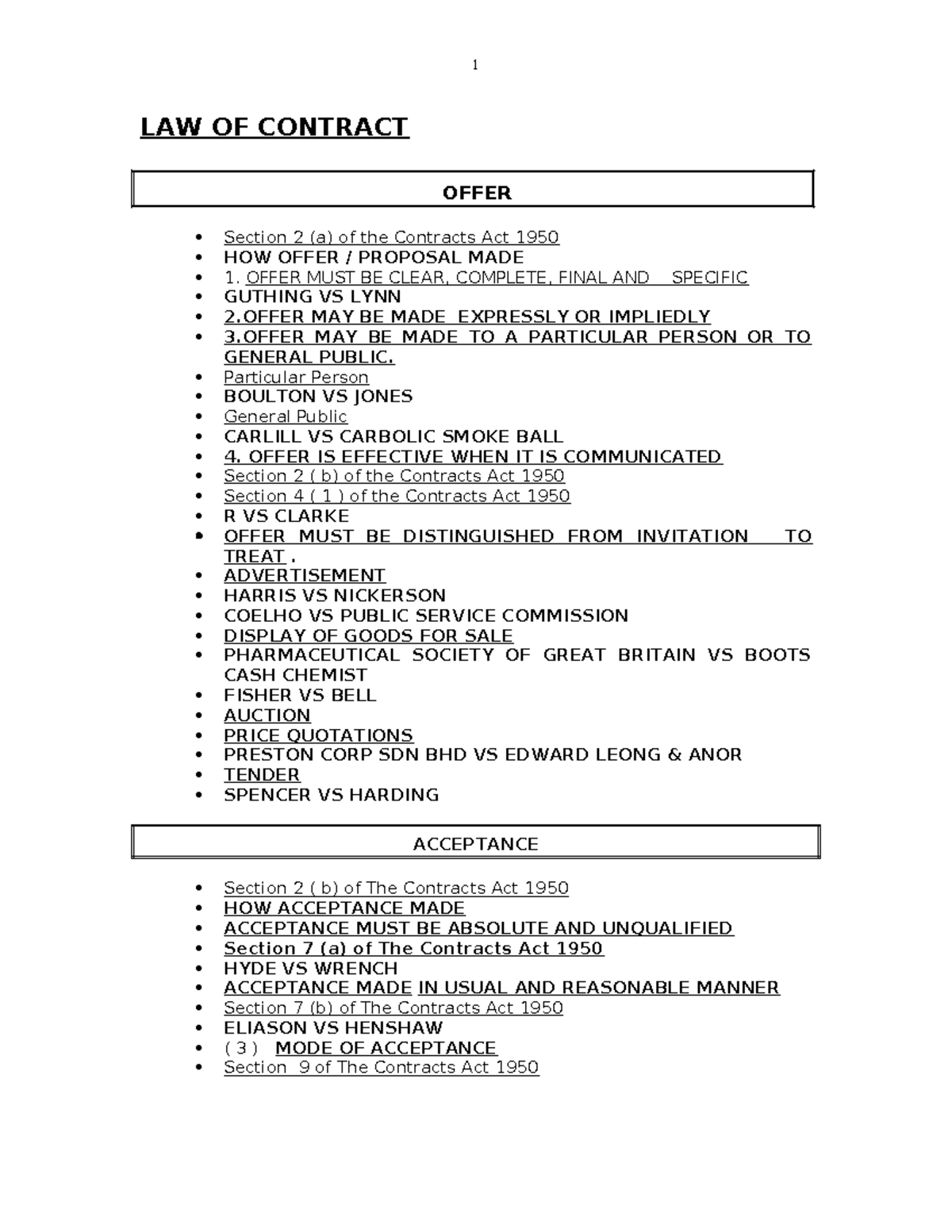 Contract 1 - LAW OF CONTRACT OFFER Section 2 (a) of the Contracts Act ...