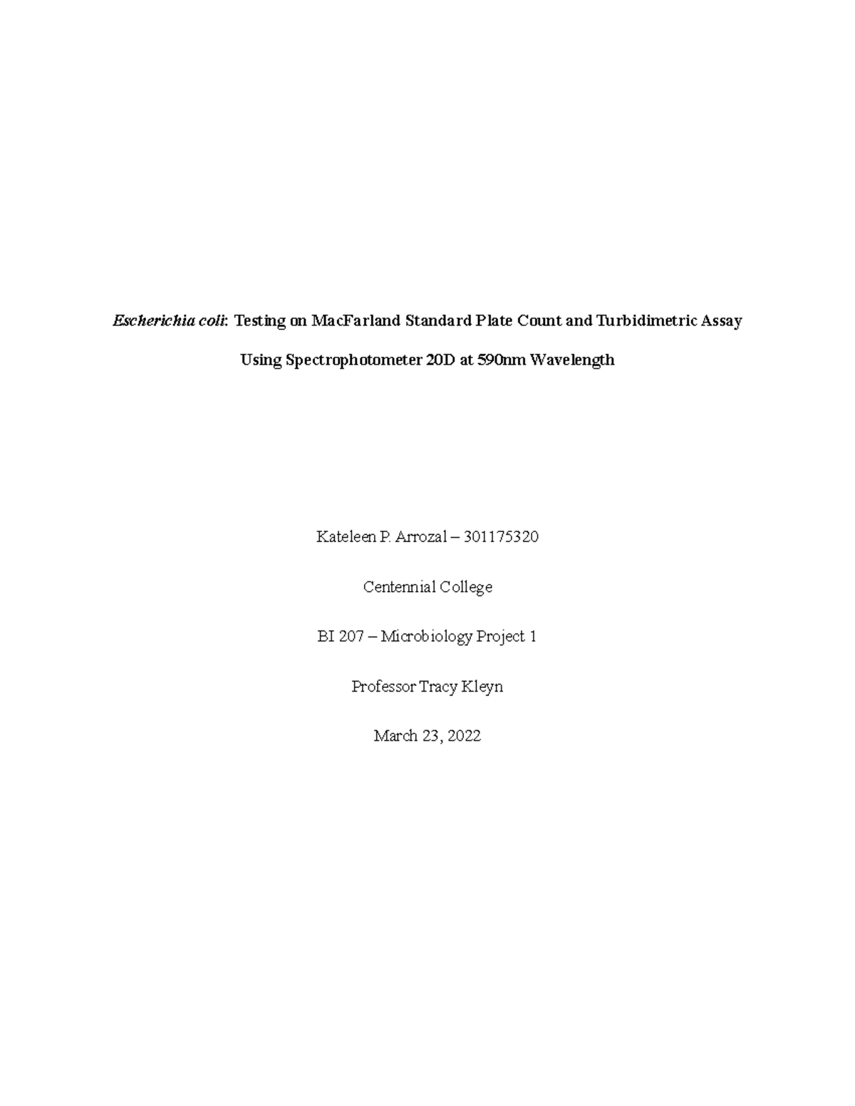 BI 207 Turbidimetric Report Escherichia coli Testing on MacFarland