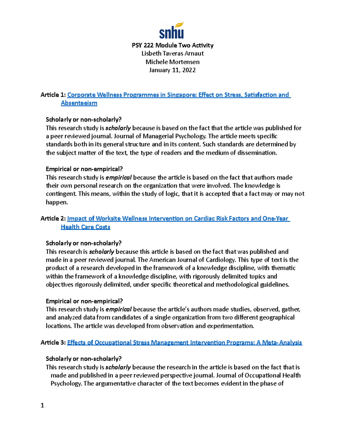 PSY222 Module Two Activity l PSY 222 Module Two Activity Lisbeth