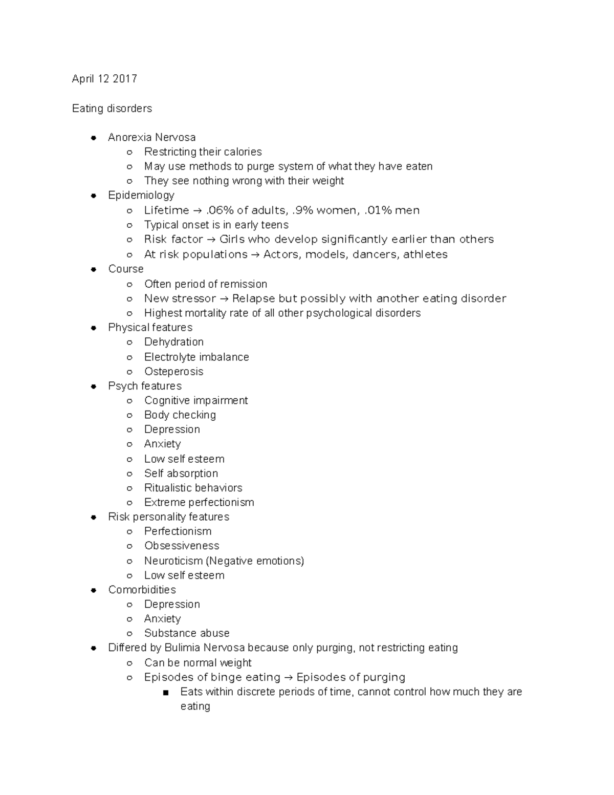 Eating Disorders - Detailed notes of the lecture. - April 12 2017 ...