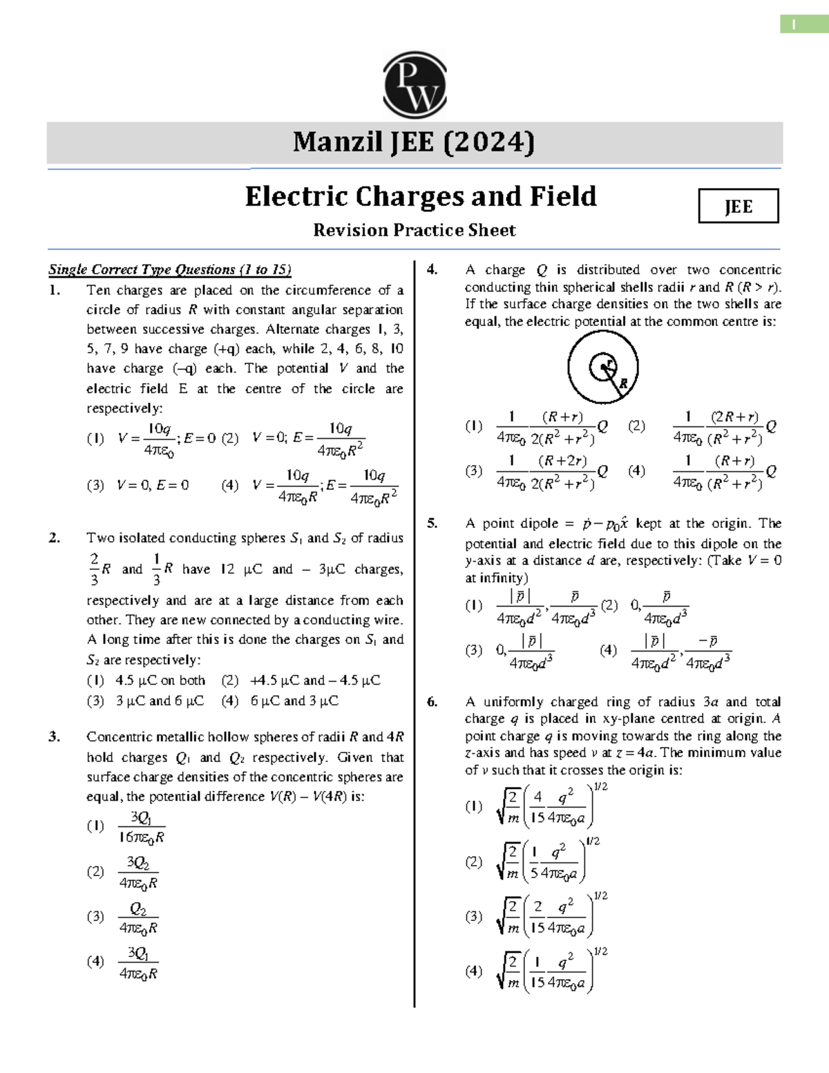 Electric Charges And Field Practice Sheet - Manzil JEE (2024) Single ...