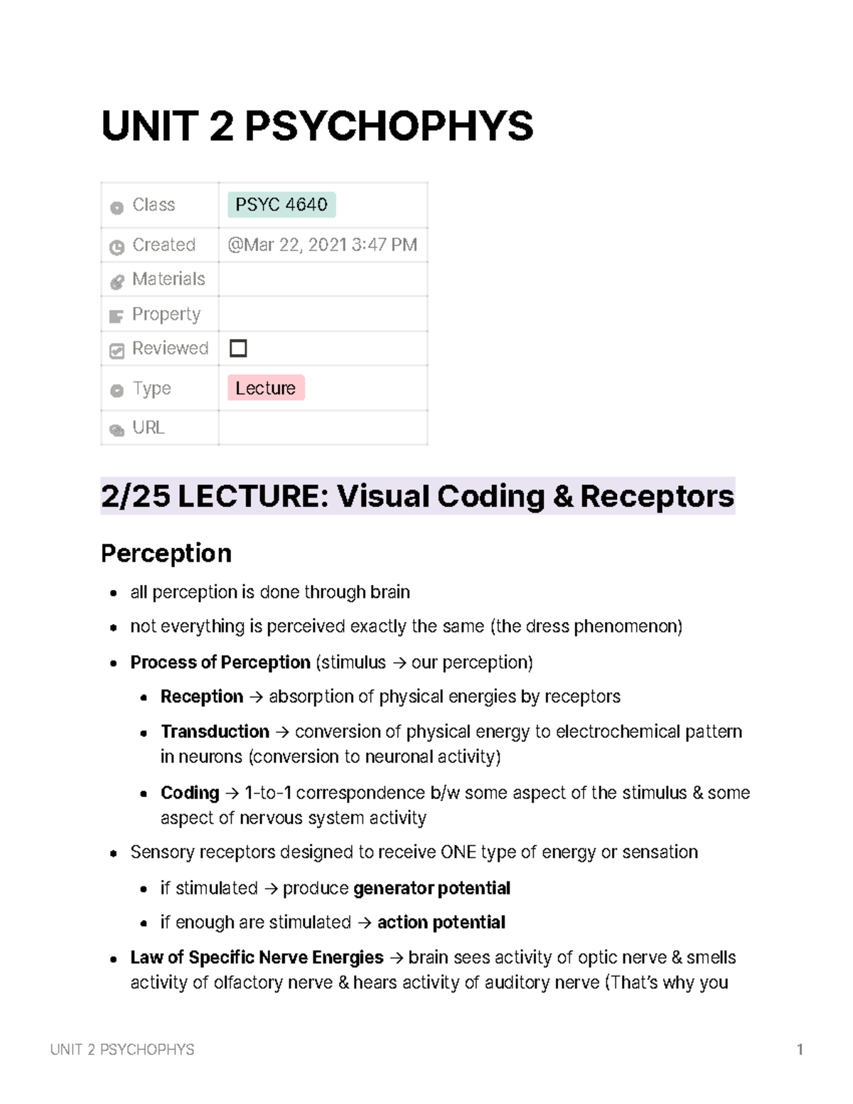 UNIT 2/EXAM 2/LECTURE NOTES - UNIT 2 PSYCHOPHYS Class PSYC 4640 Created ...