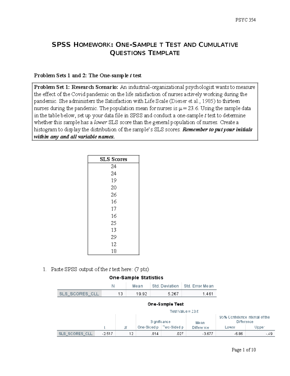 SPSS Homework One Sample t Test and Cumulative Questions - SPSS ...