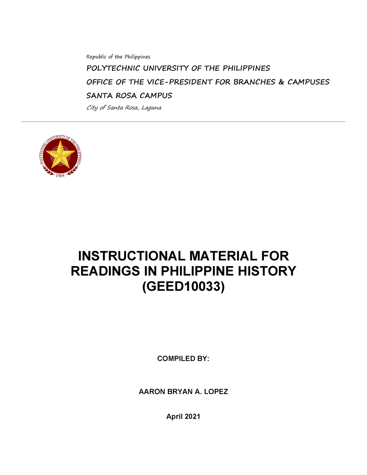 Geed 10033 Readings In Philippine History Republic Of The Philippines Polytechnic University 4529