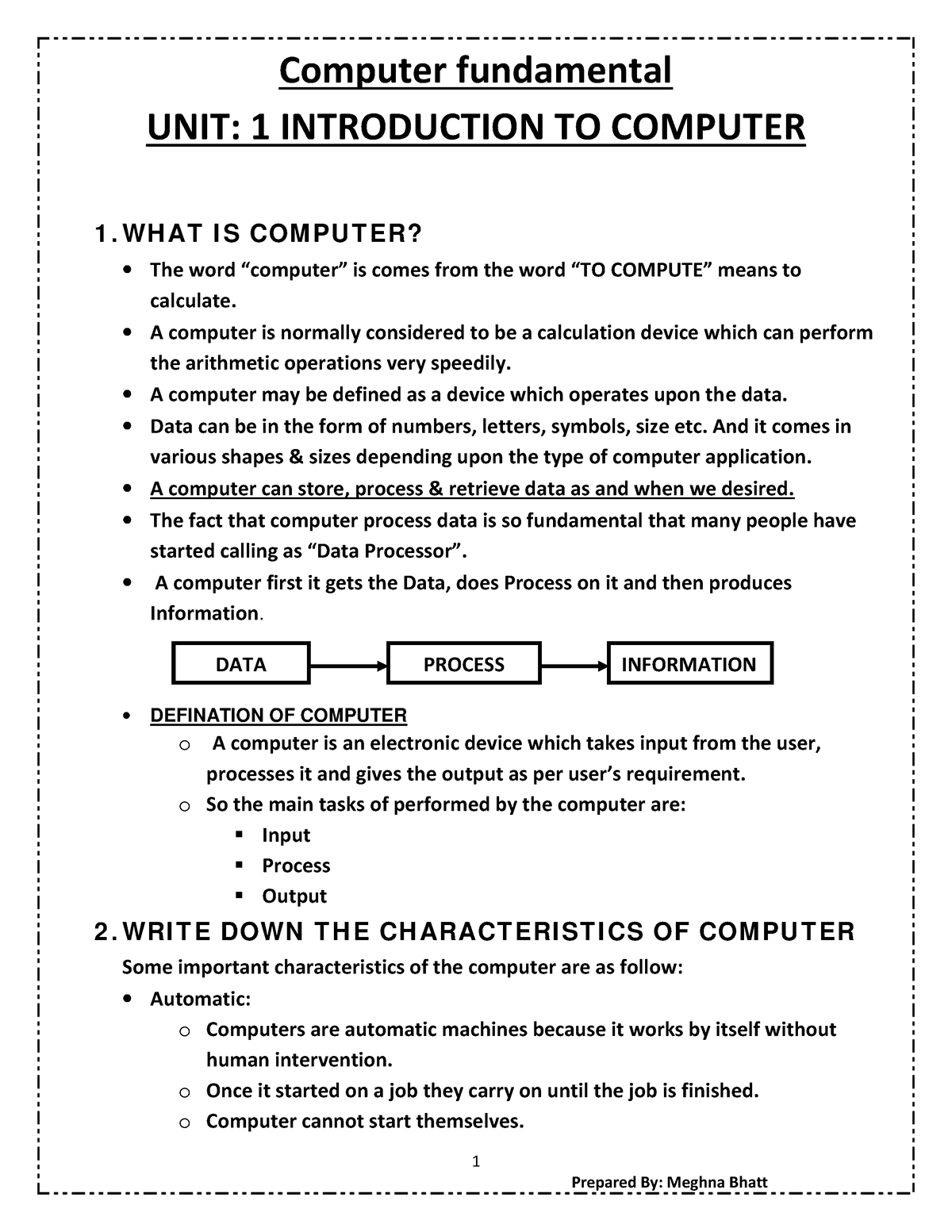 Computer Fundamental - Lecture Notes - 1 Computer Fundamental UNIT: 1 ...