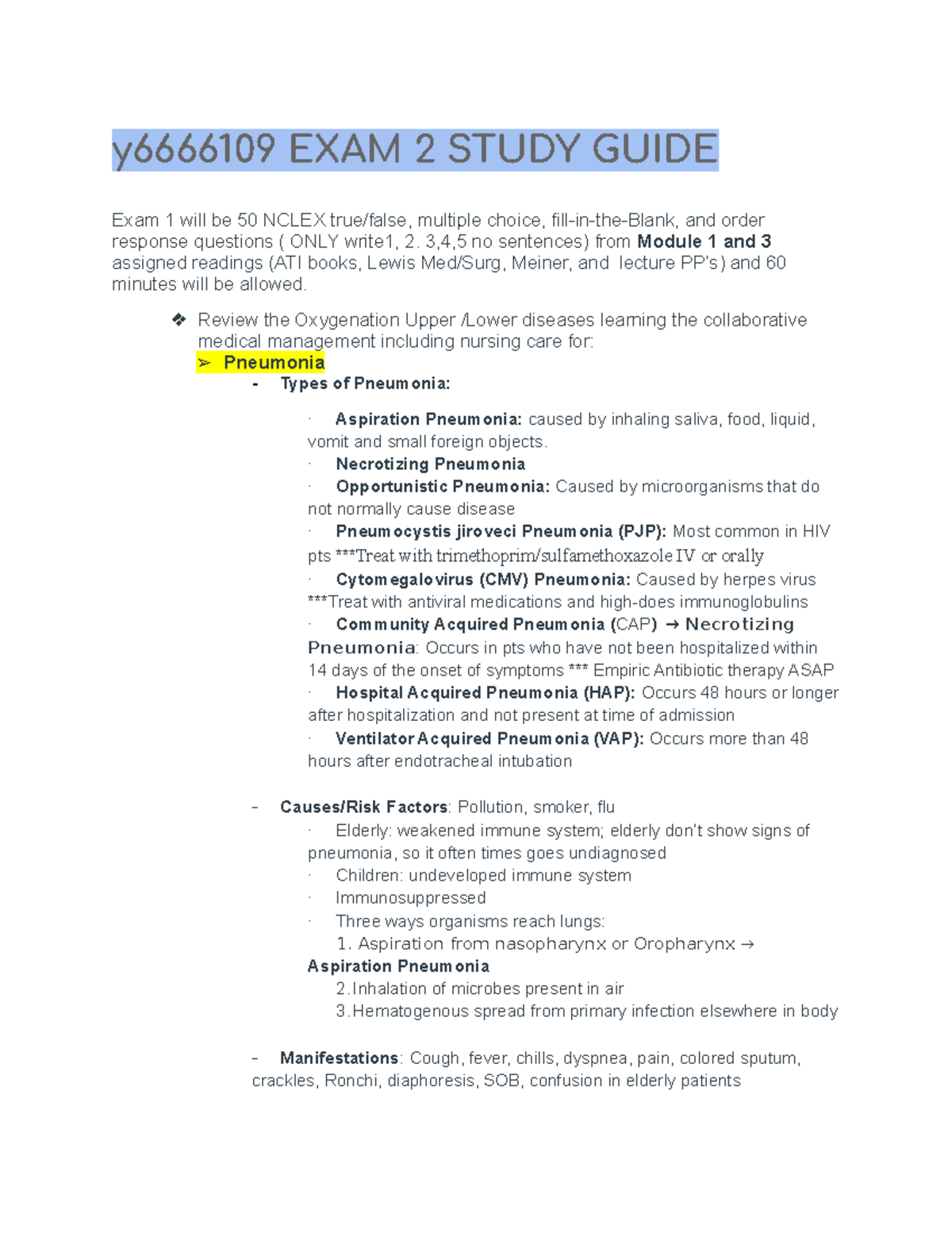 Exam 2 Study Guide: Oxygenation Upper Diseases and Nursing Care - Studocu