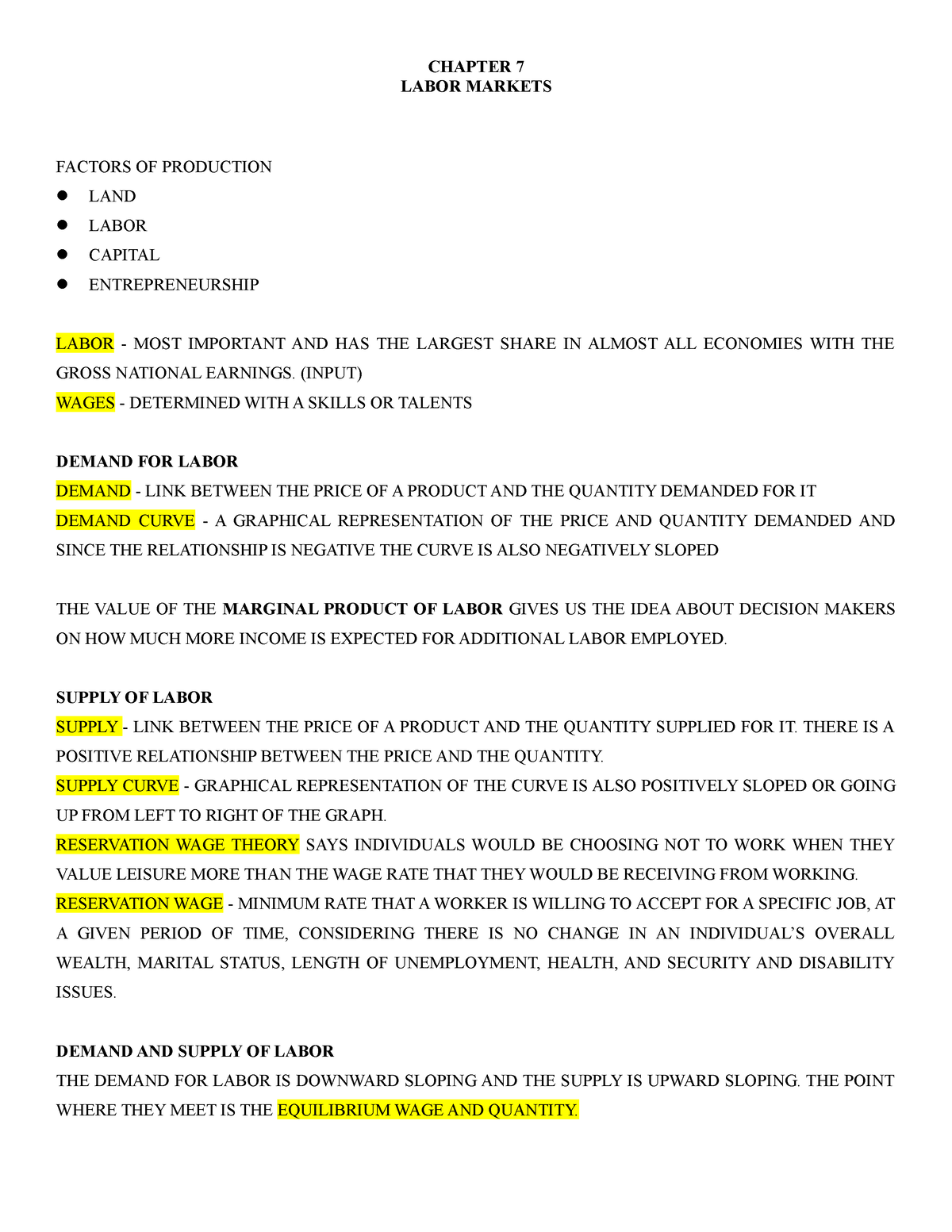 ED Reviewer - CHAPTER 7 LABOR MARKETS FACTORS OF PRODUCTION LAND LABOR ...
