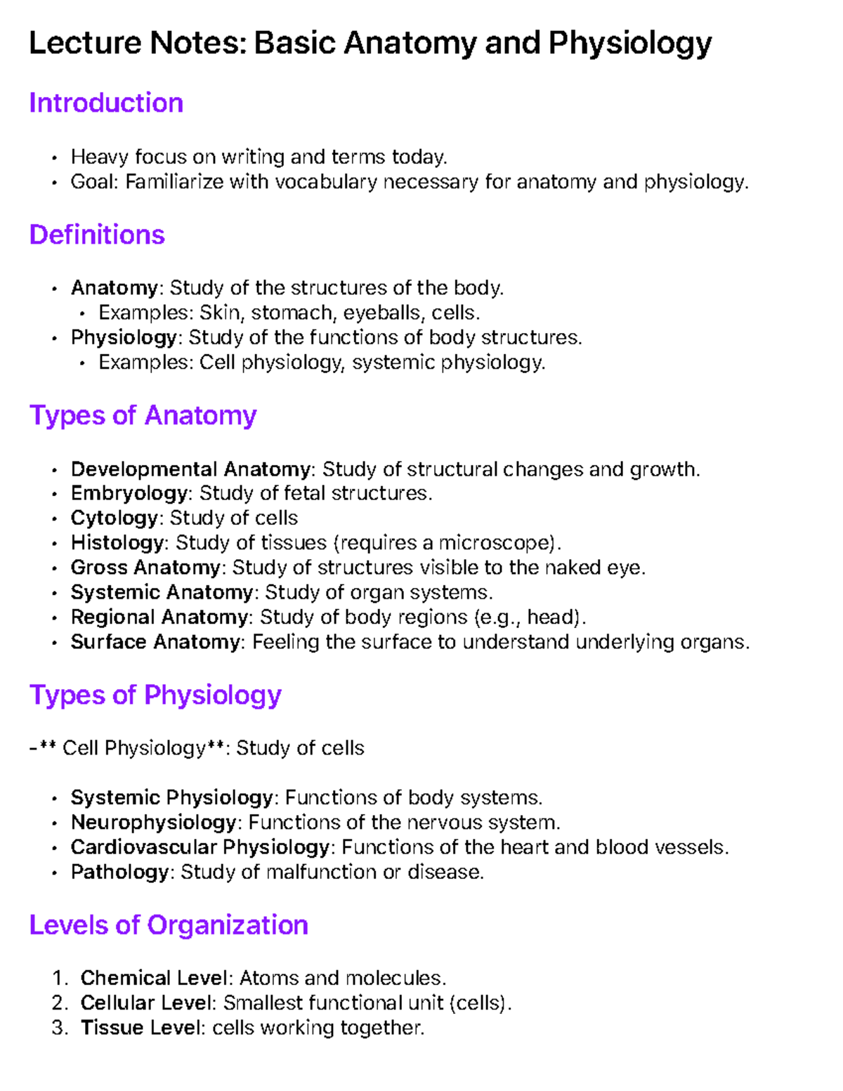 Anatomy Body Organization, Cell, Chemistry, Lecture Notes Basic