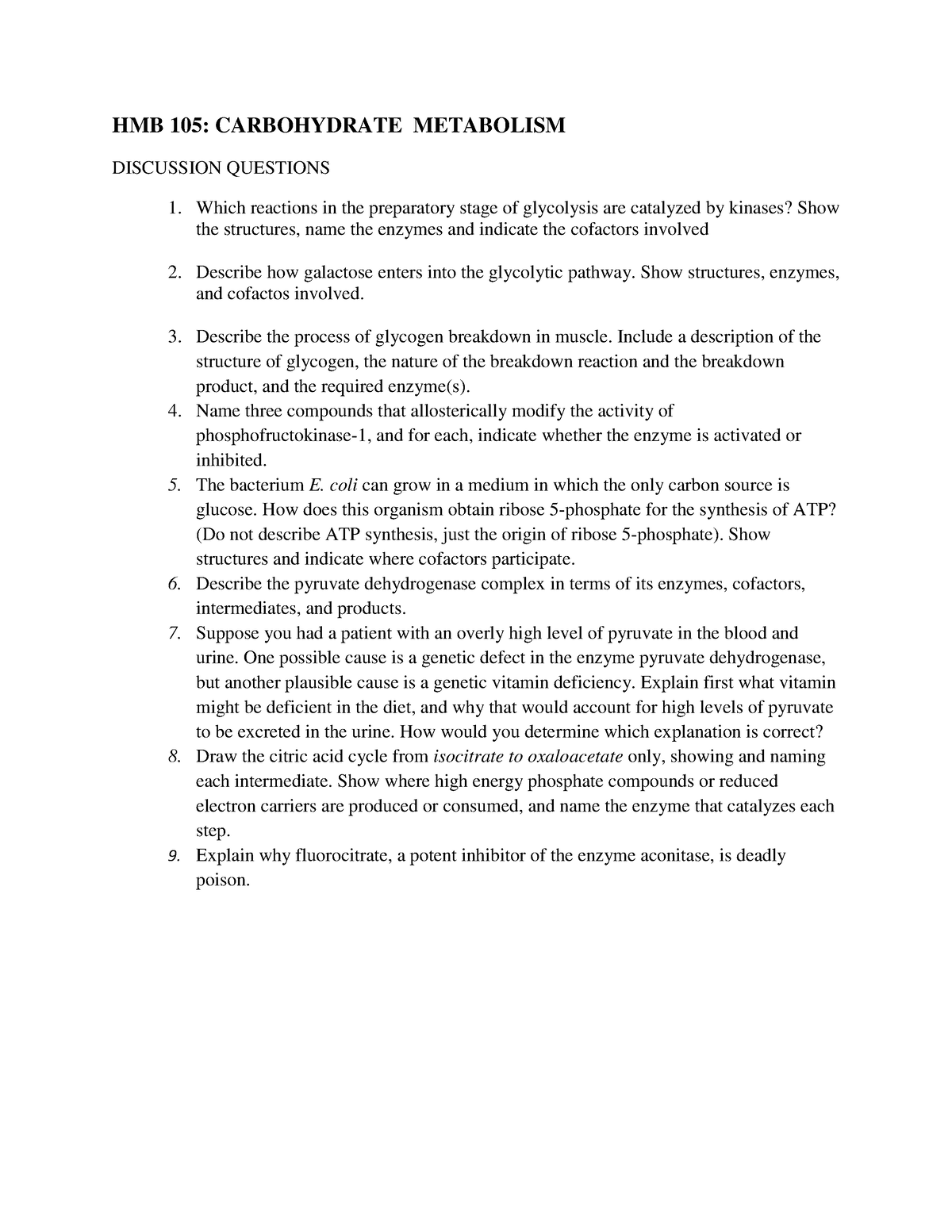 essay questions on carbohydrate metabolism