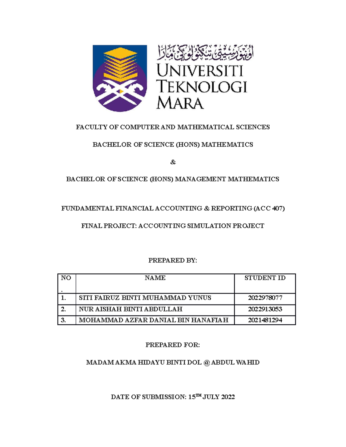 Final Report Acc407 (latest)-1 - FACULTY OF COMPUTER AND MATHEMATICAL ...