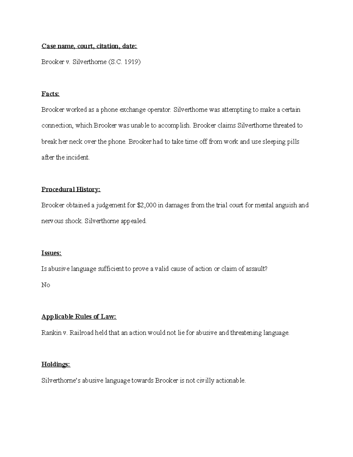 Brooker v. Silverthorne Case Brief Case name, court, citation, date Brooker v. Silverthorne