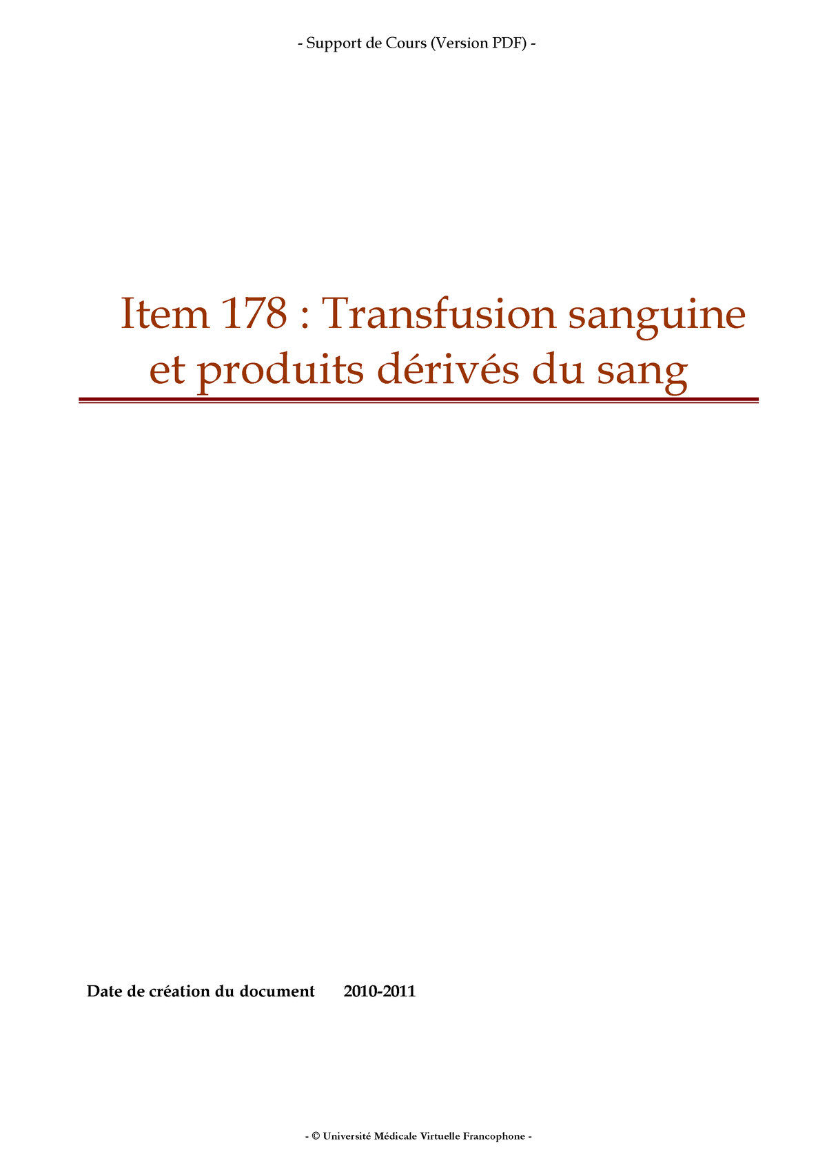 Cours - Item 178 : Transfusion Sanguine Et Produits Dérivés Du Sang ...